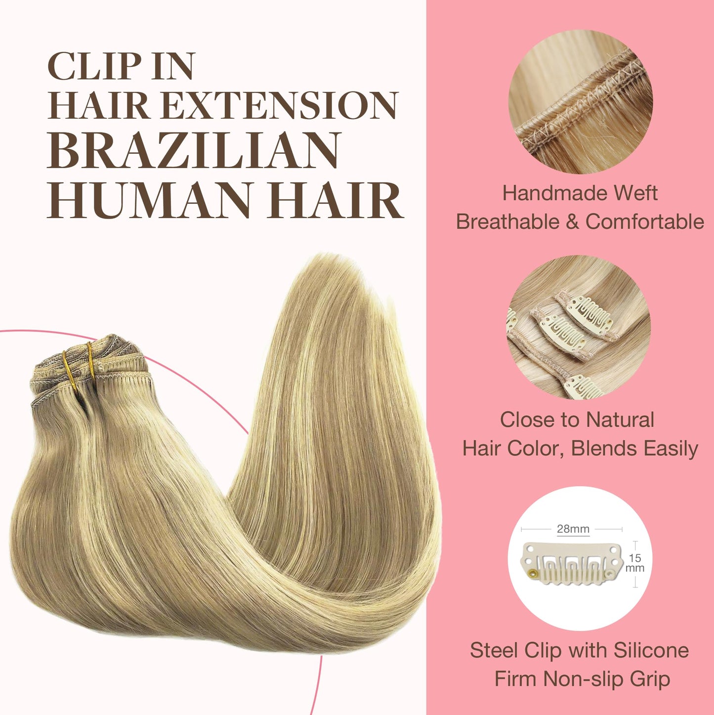 GOO GOO Clip in Hair Extensions Real Human Hair, Remy Human Hair Extensions Clip ins for Women, Natural Human Hair, 14inch 120g 7Pcs, 16/22 Light Blonde Highlighted Golden Blonde