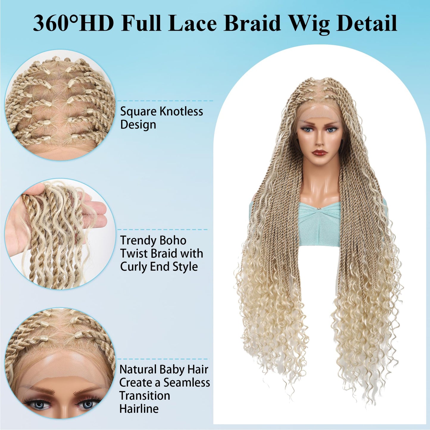 Olymei 360° HD Full Lace Braided Wigs for Women Knotless Boho Braided Wigs Twisted Braids Lace Wig with Baby Hair Premium Synthetic Braided Lace Front Wigs 36" Light Brown Ombre Blonde