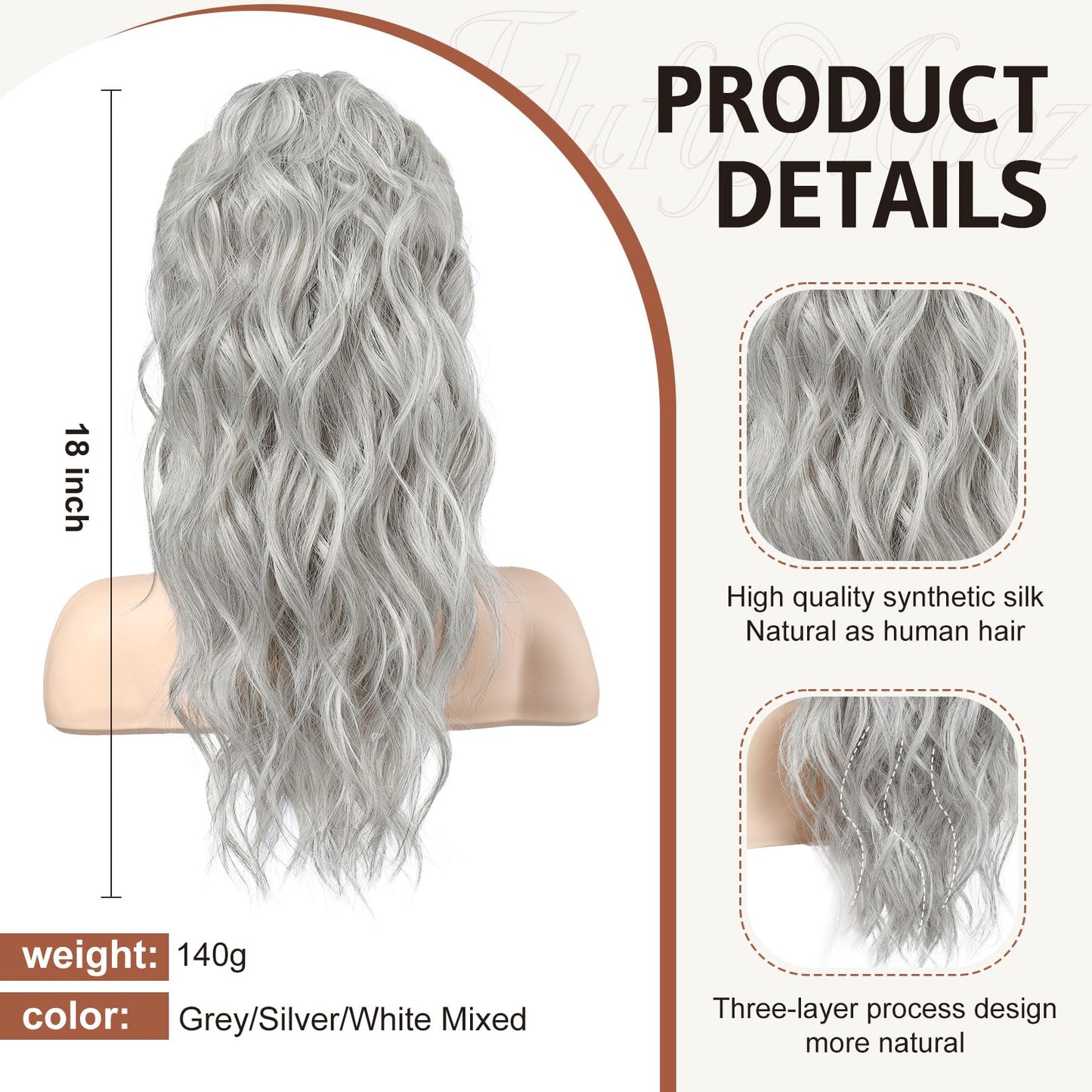 FLUFYMOOZ Ponytail Extension, 18 Inch Claw Clip Ponytail Extension, Wavy Curly Claw Clip in Ponytail Hair Extensions, Natural Fake Ponytail Synthetic Hairpiece for Women (Grey/Silver/White Mixed)