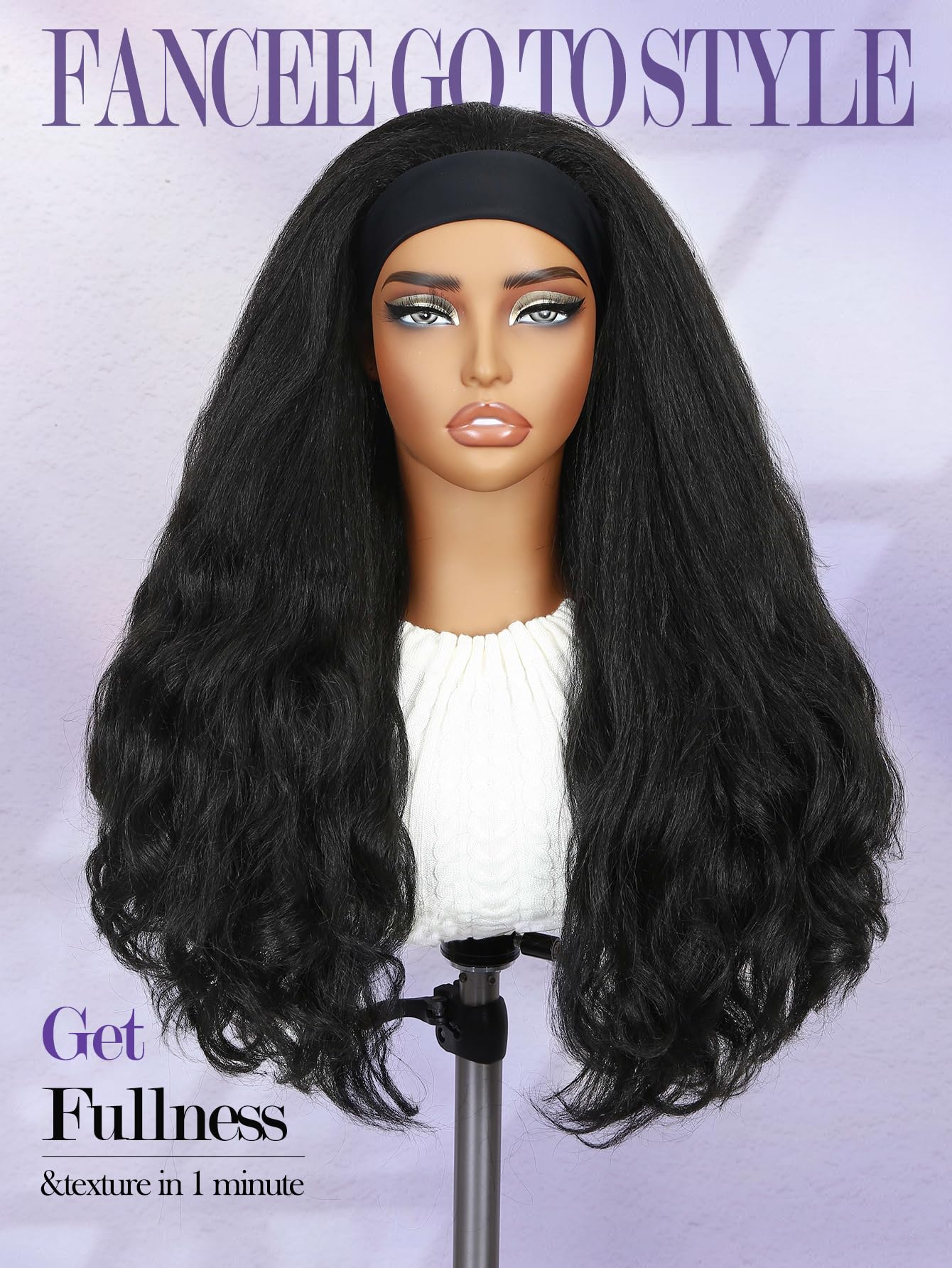 FANCEE Yaki Wavy Headband Wigs Black Kinky Straight Wear and Go Wig with Curly Wavy Ends for Mom on the Go Synthetic Headband Blow Out Style Natural Hair Wig for Black Women