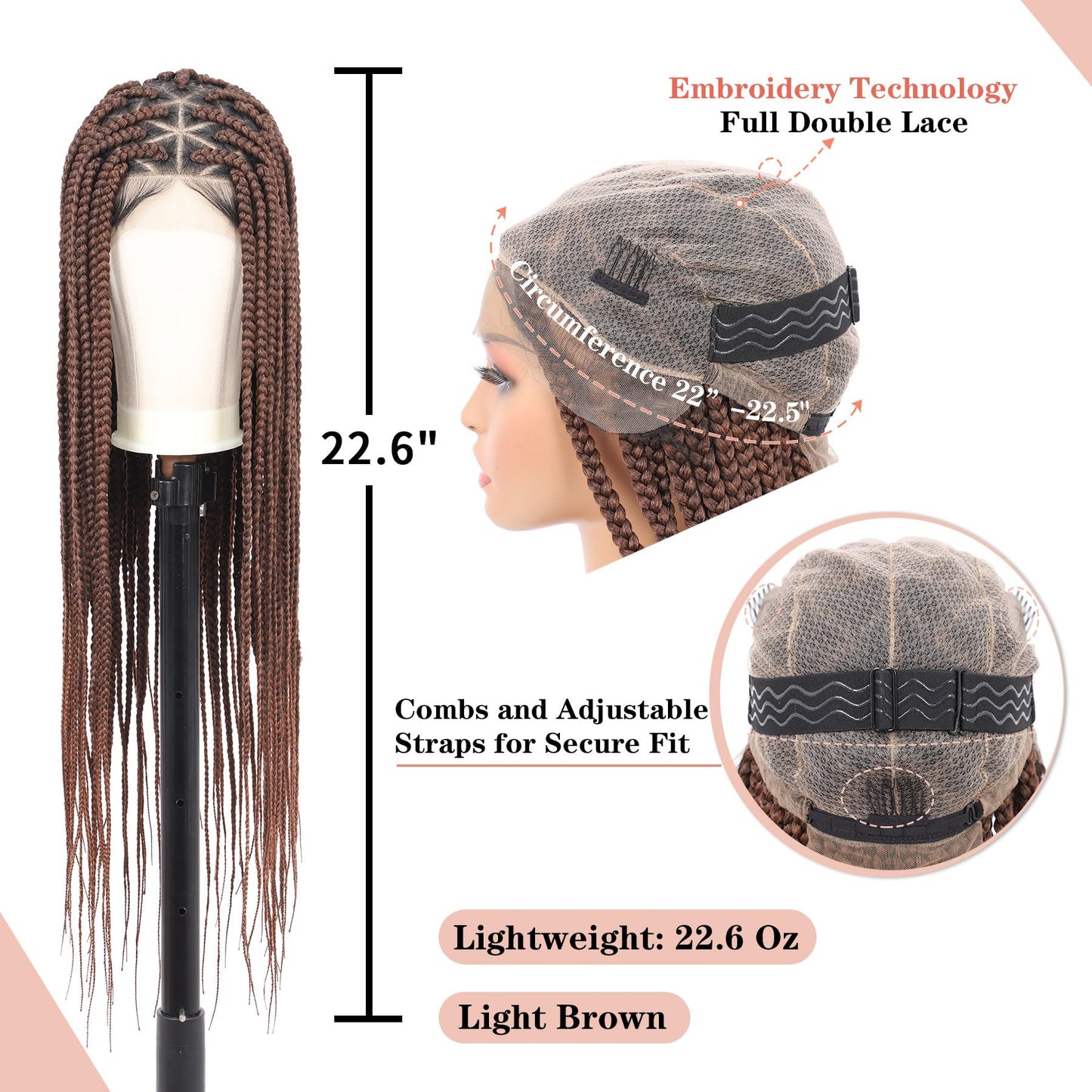 Lexqui 36" Knotless Braided Wigs for Black Women Braided Lace Front Wigs with Triangle Knotless Full Double Lace Front Box Braid Wig with Baby Hair Synthetic Hair Braid Wig Brown