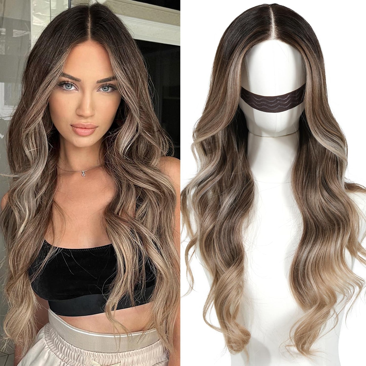 ENCOUNTERU Pre Cut Lace Glueless Wig Wear and Go Synthetic Lace Front Body Wave Ombre Brown Wig with Bangs Pre Plucked Glueless Ready to Wear Wigs for Women Middle Part 26 Inch
