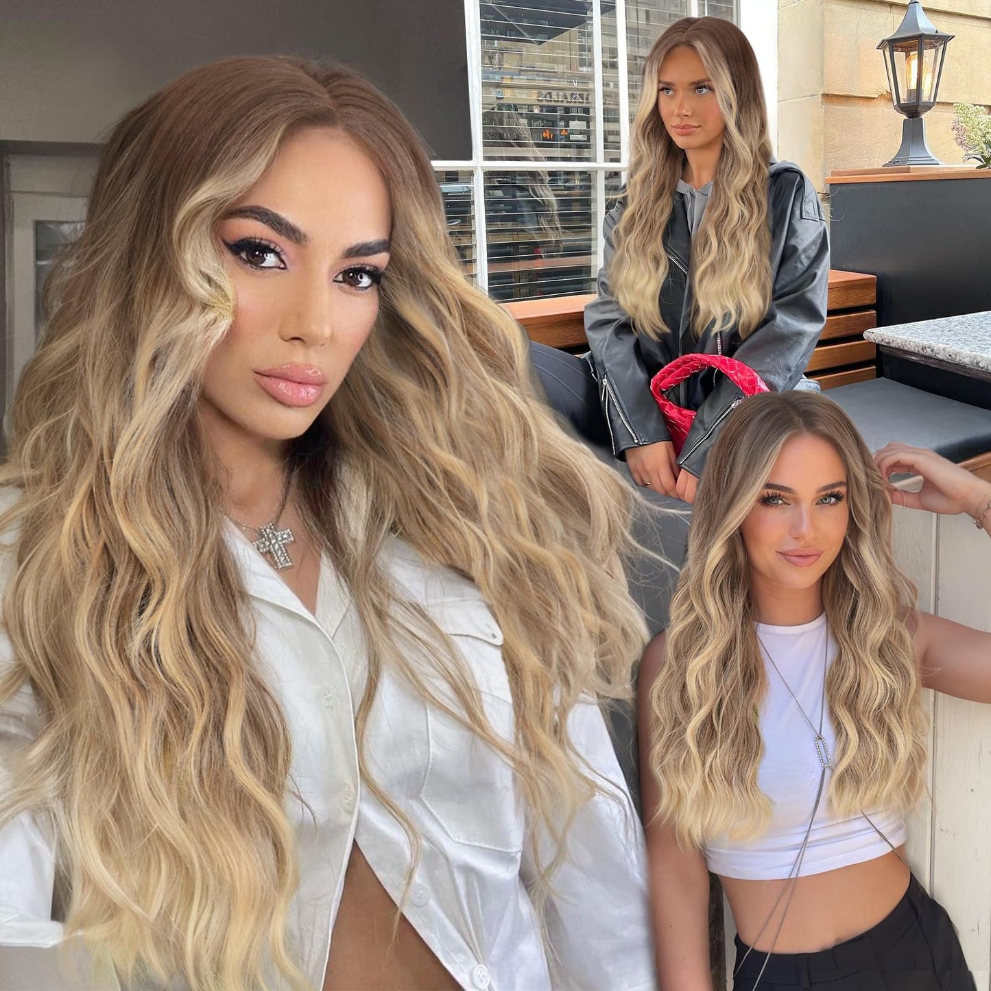 AISI HAIR Ombre Dirty Blonde Wig for Women, Long Wavy Lace Hairline Middle Part Synthetic Wig for Daily Party-26 Inch