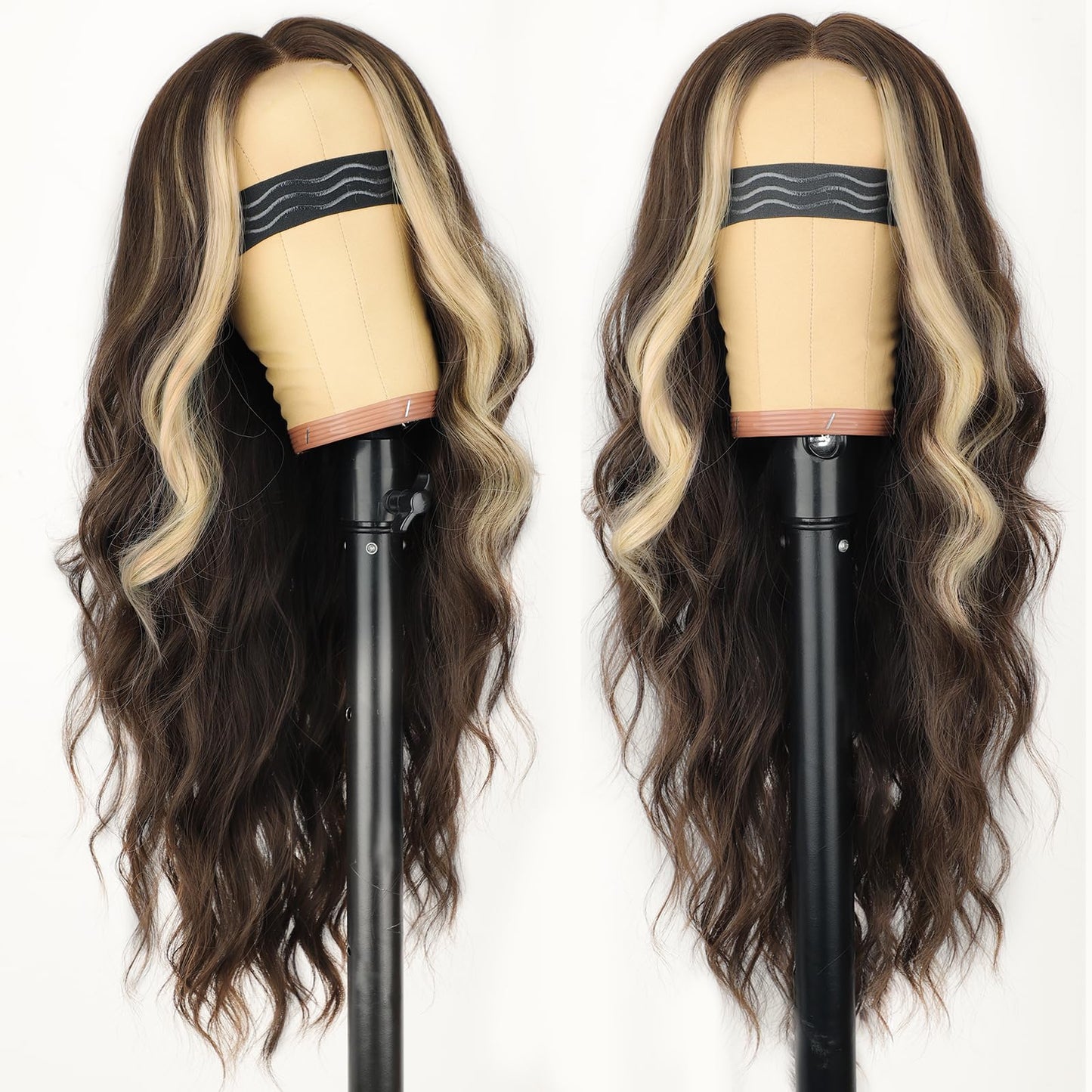 AISI HAIR Dark Brown Mixed Light Blonde Wig for Women, Long Wavy Lace Hairline Middle Part Synthetic Heat Resistant Wig for Daily Party-26 Inch