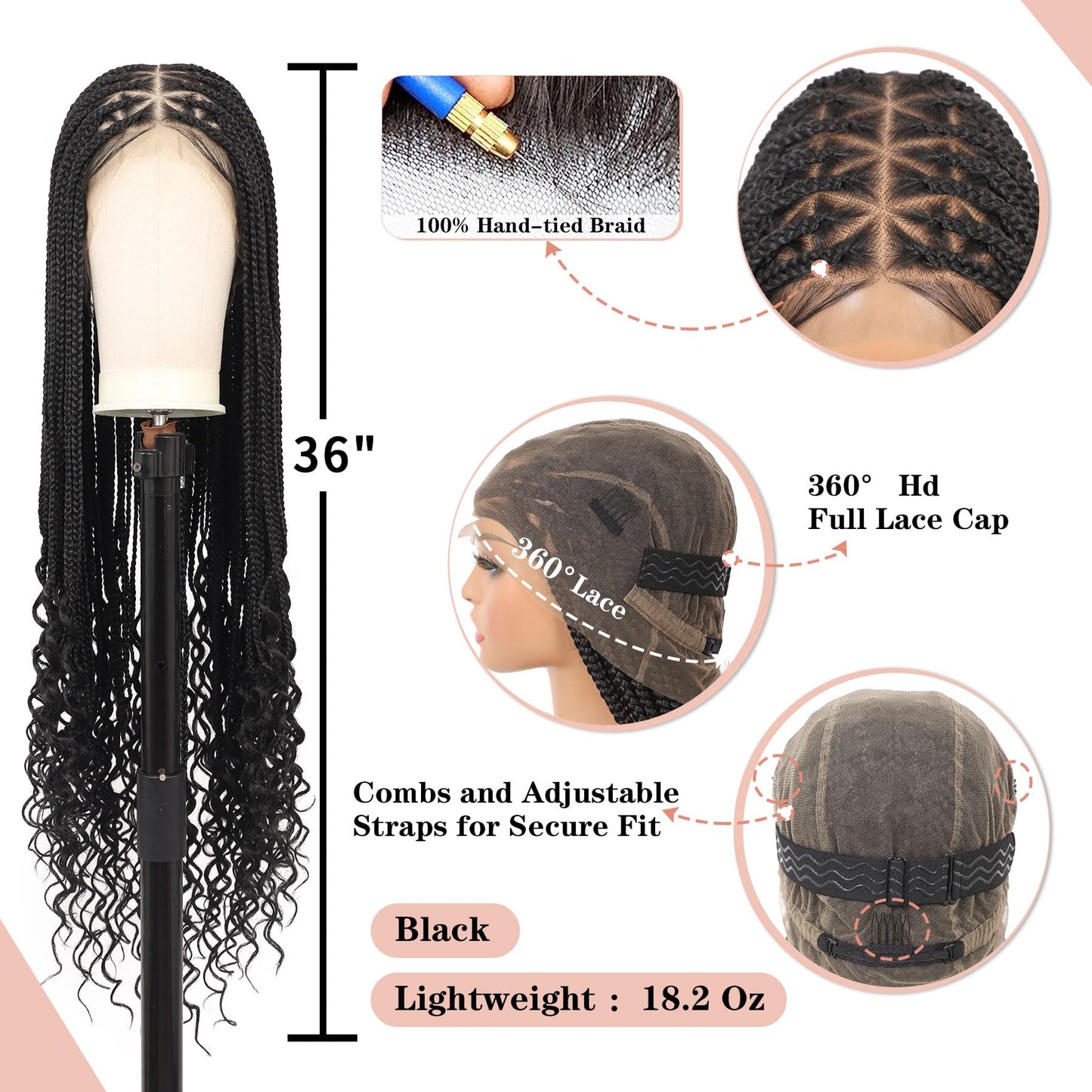 Lexqui 36" 360° HD Full Lace Braided Wigs for Women Box Braid Wig with Boho Curly End Triangle Knotless Braided Wigs with Baby Hair Handmade Synthetic Hair Braided Lace Front Wig Black