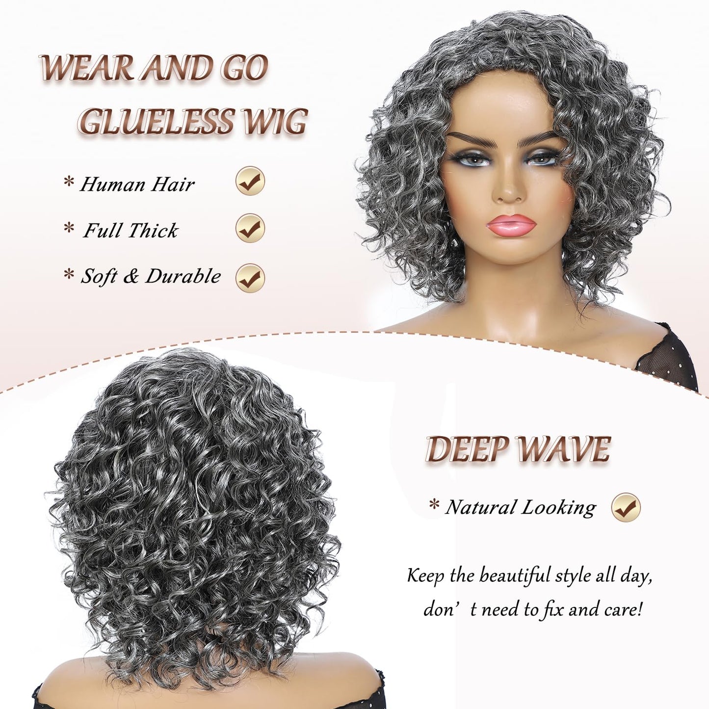 HUA Salt and Pepper Grey Wigs Human Hair for Black Women Glueless Deep Wave Grey Human Hair Wig for Older Women Gray Wigs for Mom Mixed Little Synthetic Bob Wear and Go Glueless Gray Wig
