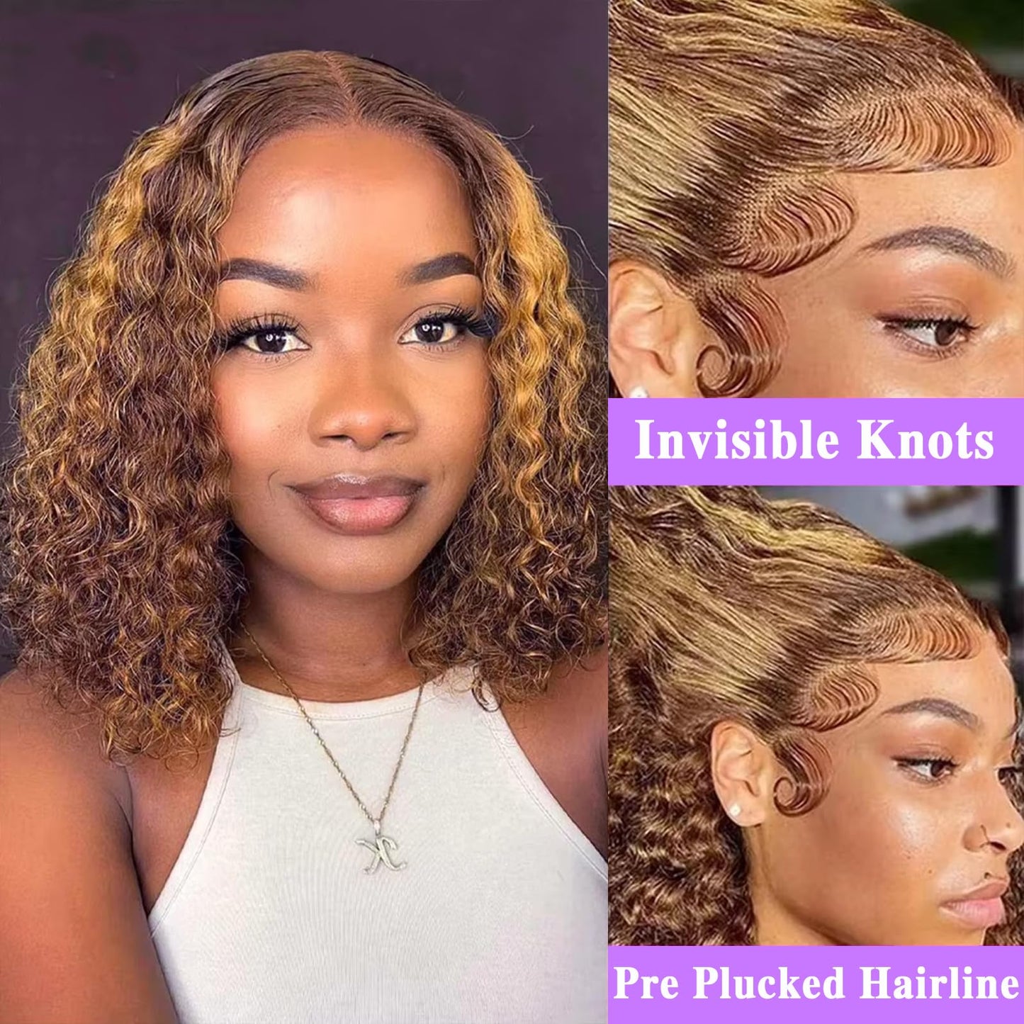 Punmasa 14 Inch Bob Wig Human Hair Highlight Ombre 13x6 lace front wig human hair 200% Density Real Human Hair Pre Plucked Deep Curly Short Bob Wigs for Women 4/27