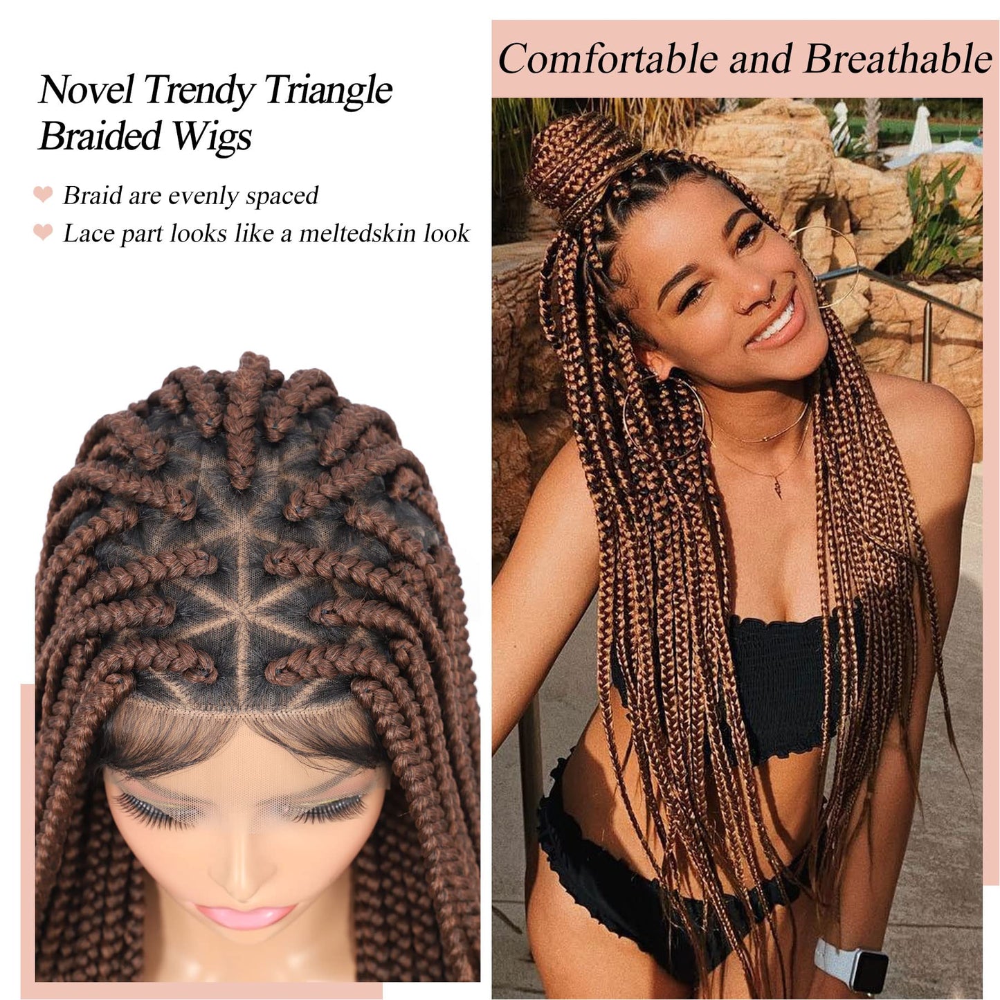 Lexqui 36" Knotless Braided Wigs for Black Women Braided Lace Front Wigs with Triangle Knotless Full Double Lace Front Box Braid Wig with Baby Hair Synthetic Hair Braid Wig Brown