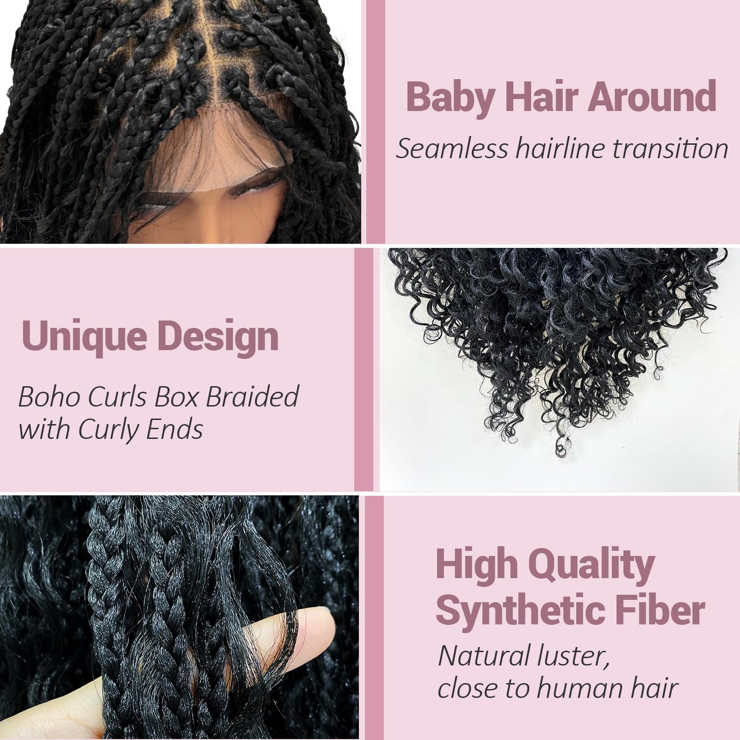 Janyuwool 18" Boho Knotless Box Braided Wigs Full Double Lace Short Braid Wig for Black Women Lace Frontal Human Hair Blended Braided Wig with Boho Curls Lace Front Braids Wigs with Baby Hair (Black)