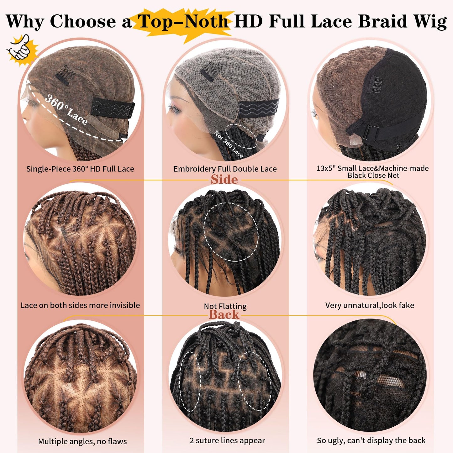Lexqui 36" 360° HD Full Lace Braided Wigs with Boho Curly End Box Braid Wig with Baby Hair Ombre Brown Natural Triangle Knotless Braided Wigs for Women Synthetic Hair Braided Lace Front Wig