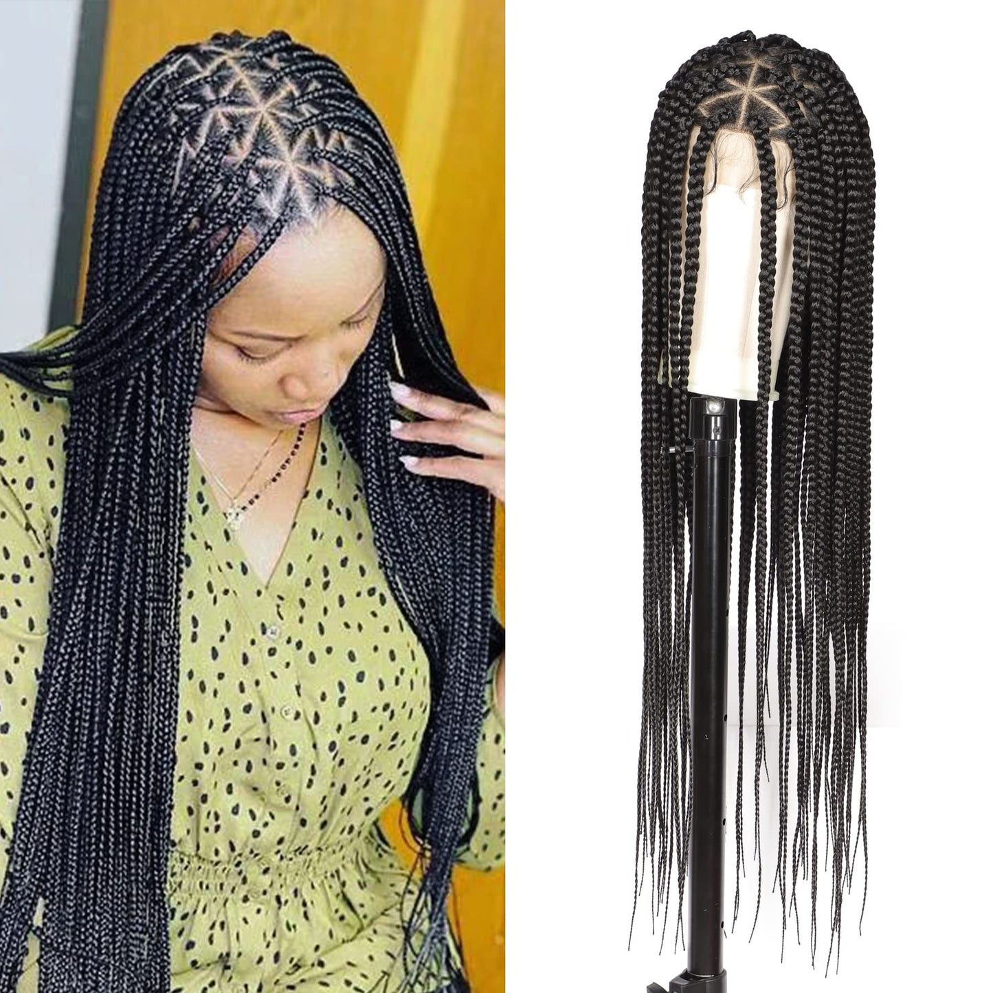 Lexqui 36'' Knotless Box Braided Wigs for Women Braided Lace Wigs Triangle Lace Front Braided Wig Premium Synthetic Full Double Lace Braided wig with Baby Hair Braid Lace Front Wig