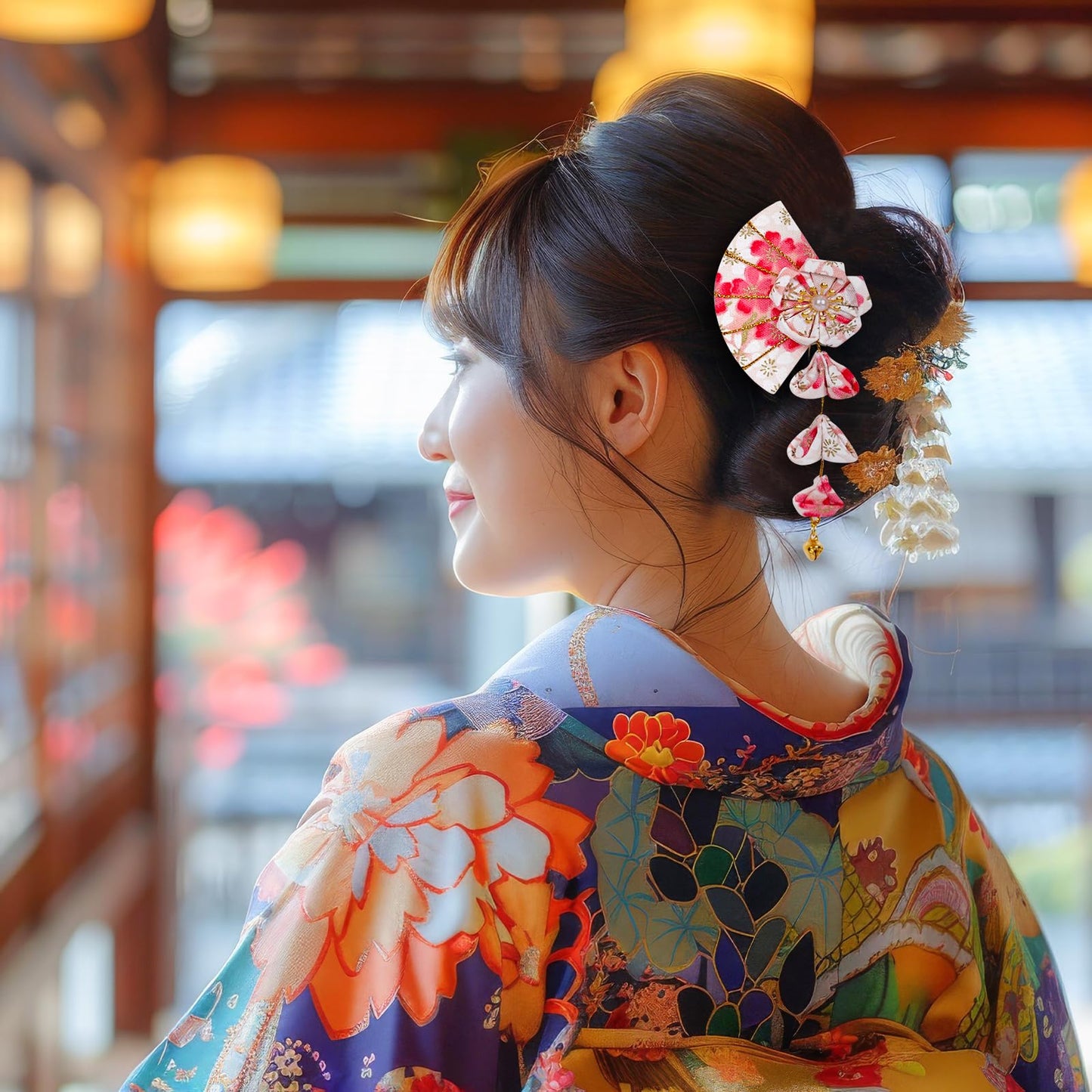 Union Power 1 Pair Japanese Style Hair Clips Sector Tassel Hair Accessories Flower Kimono Traditional Hairpins Barrette Cherry Blossom Hair Clamp Bride Hanfu Accessory for Womens (Pink)