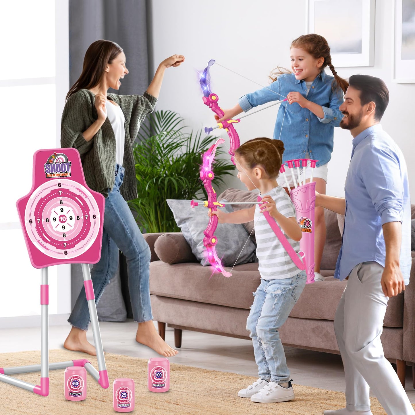 Bow and Arrow Toys for 5 6 7 8 9 10 Years Olds Girls, Archery Set includes 2 Super Bow with LED Lights, 20 Suction Cups Arrows,Archery Set with Standing Target,3 Target Cans,Gift for Kids
