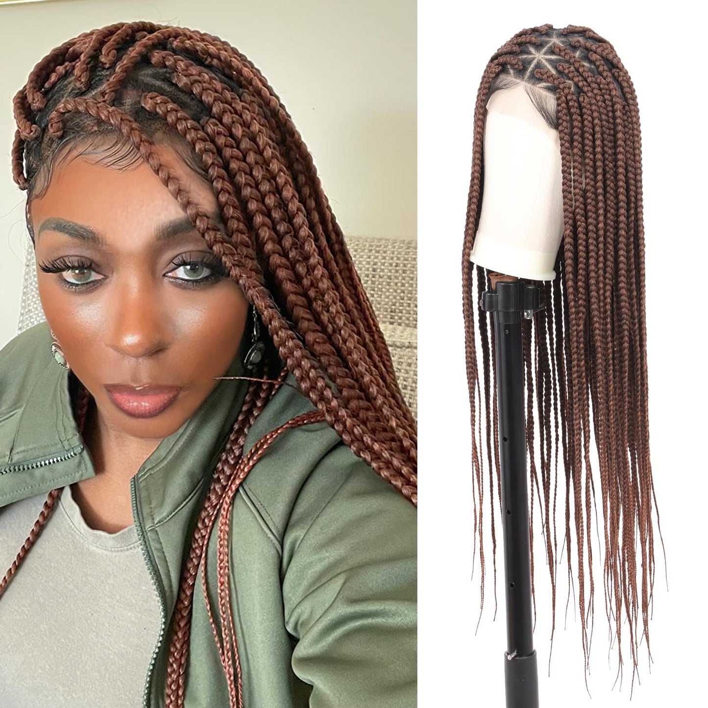 Lexqui 36" Knotless Braided Wigs for Black Women Braided Lace Front Wigs with Triangle Knotless Full Double Lace Front Box Braid Wig with Baby Hair Synthetic Hair Braid Wig Brown