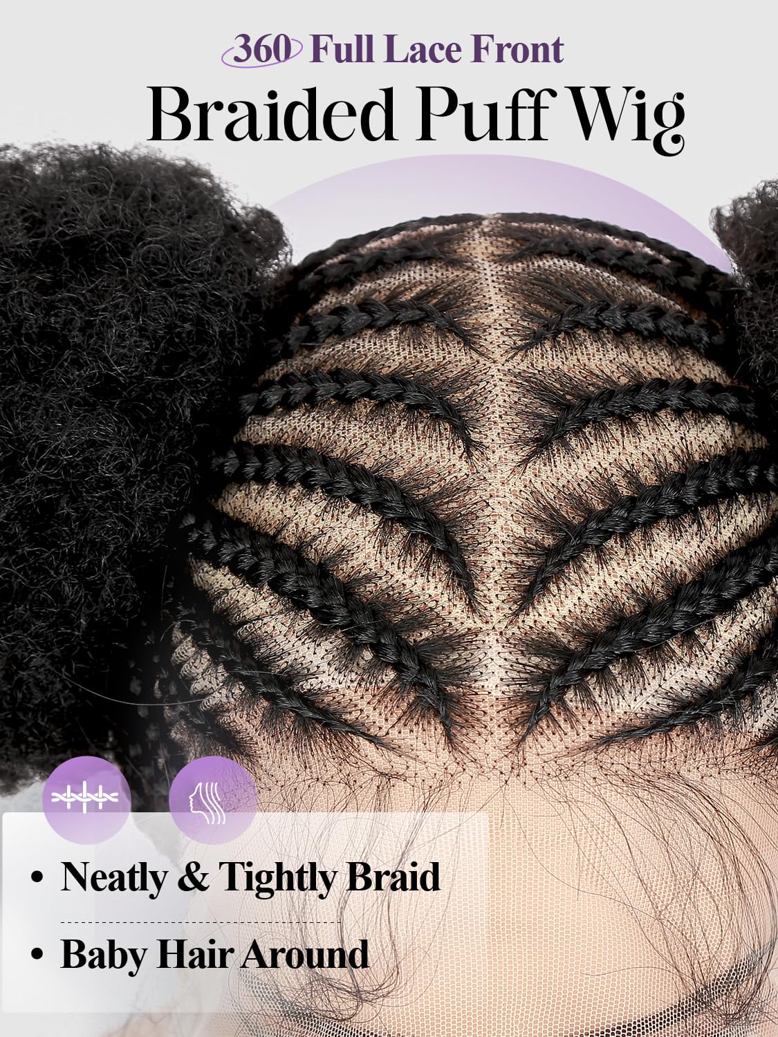 Quick Wig Braided Wigs Afro Puff Wig 360 Full Lace Puff Bun Updo Hair for Women Braided Lace Front Wig with Baby Hair Synthetic Handmade Braids Puff Wig Donut Chignon Wig (1B)