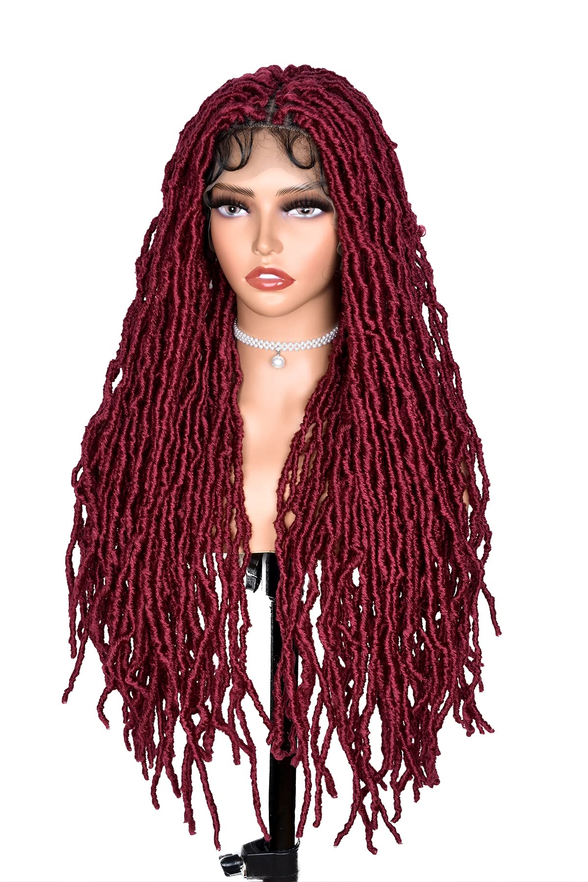 ANNISOUL Burgundy Full Lace Faux Locs Braided Wig Curly Hair Hand-braided Synthetic Crochet Braids with Baby Hair 32Inch Full Double Lace Synthetic Curly Crochet Locs Twist Wigs for Black Women