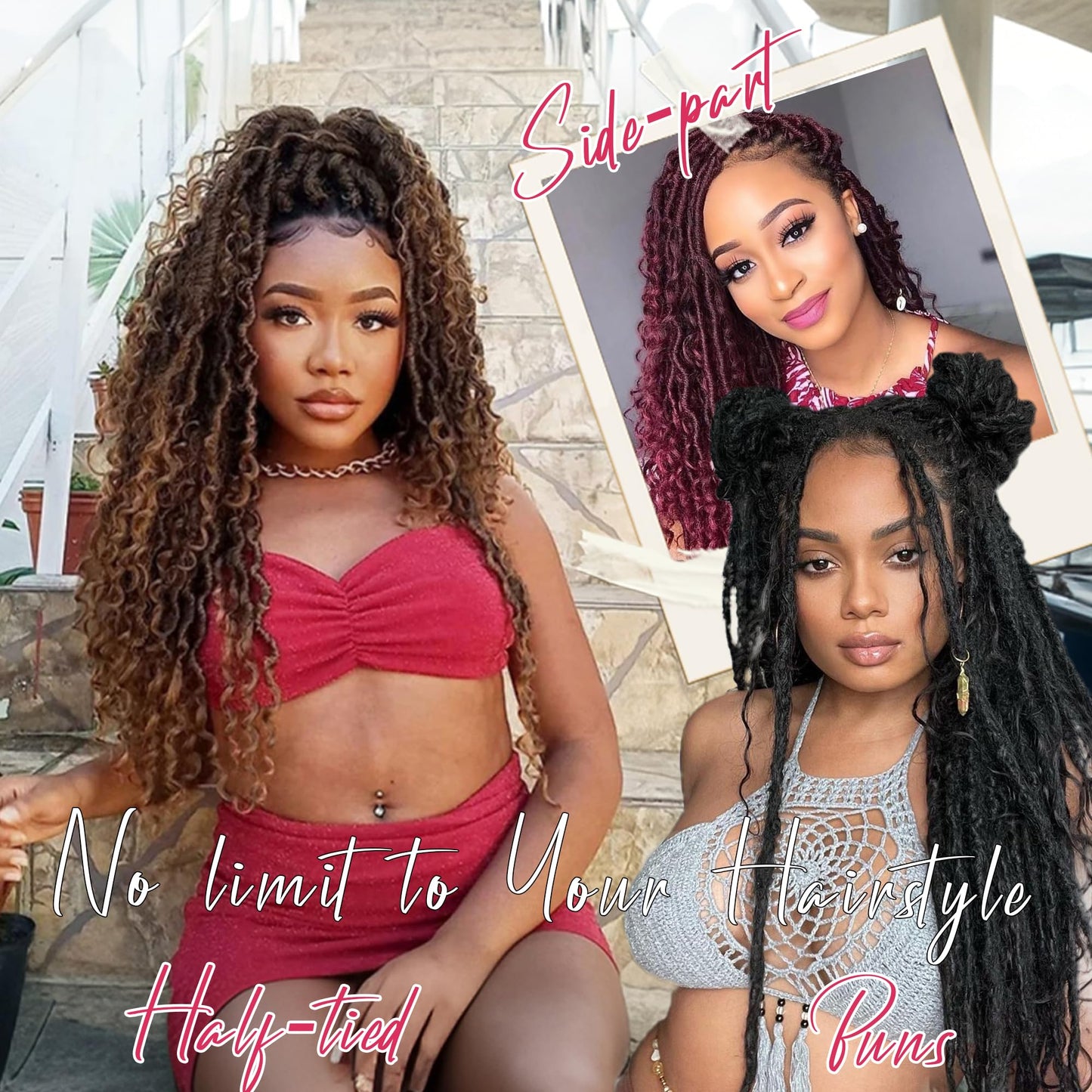 AISI HAIR Full Lace Faux Locs Braided Wigs for Black Women, Faux Locs Burgundy Red Wig Crochet Hair Braid Wig with Baby Hair Hippie Locs Twist Synthetic Wig with Curly Ends 26”