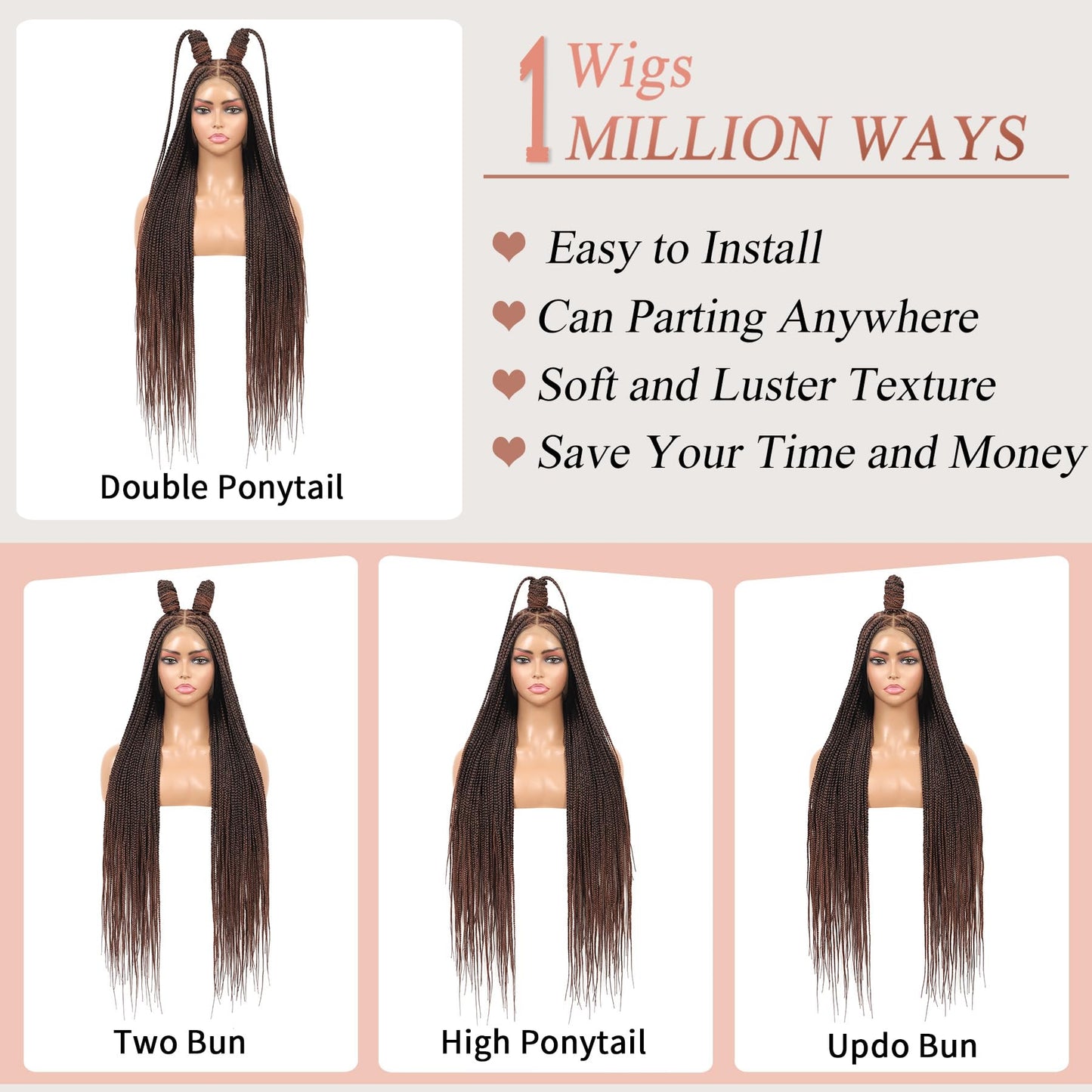 Lexqui 36" 360° HD Full Lace Braided Wigs for Women Triangle Knotless Braided Wigs Box Braid Wig with Baby Hair Natural Handmade Synthetic Hair Braided Lace Front Wig Ombre Brown