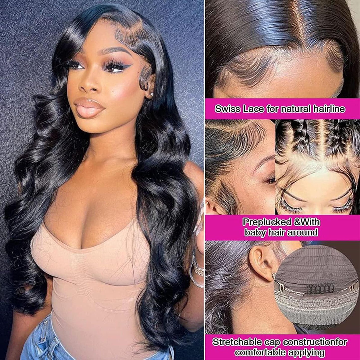 Sdeycui 13x6 Black Wigs Human Hair for Women Lace Front Body Wave Wigs HD 26 Inch Curly Natural Glueless Pre Plucked Wig