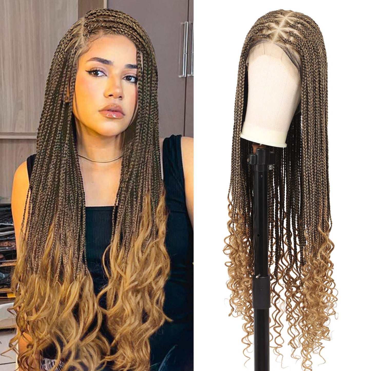 Olymei 360° Hd Full Lace Braided Wigs for Women Triangle Knotless Braided Wigs with Curly End with Baby Hair Box Braid Wig Premium Synthetic Braid Lace Front Wig Light Brown 36"