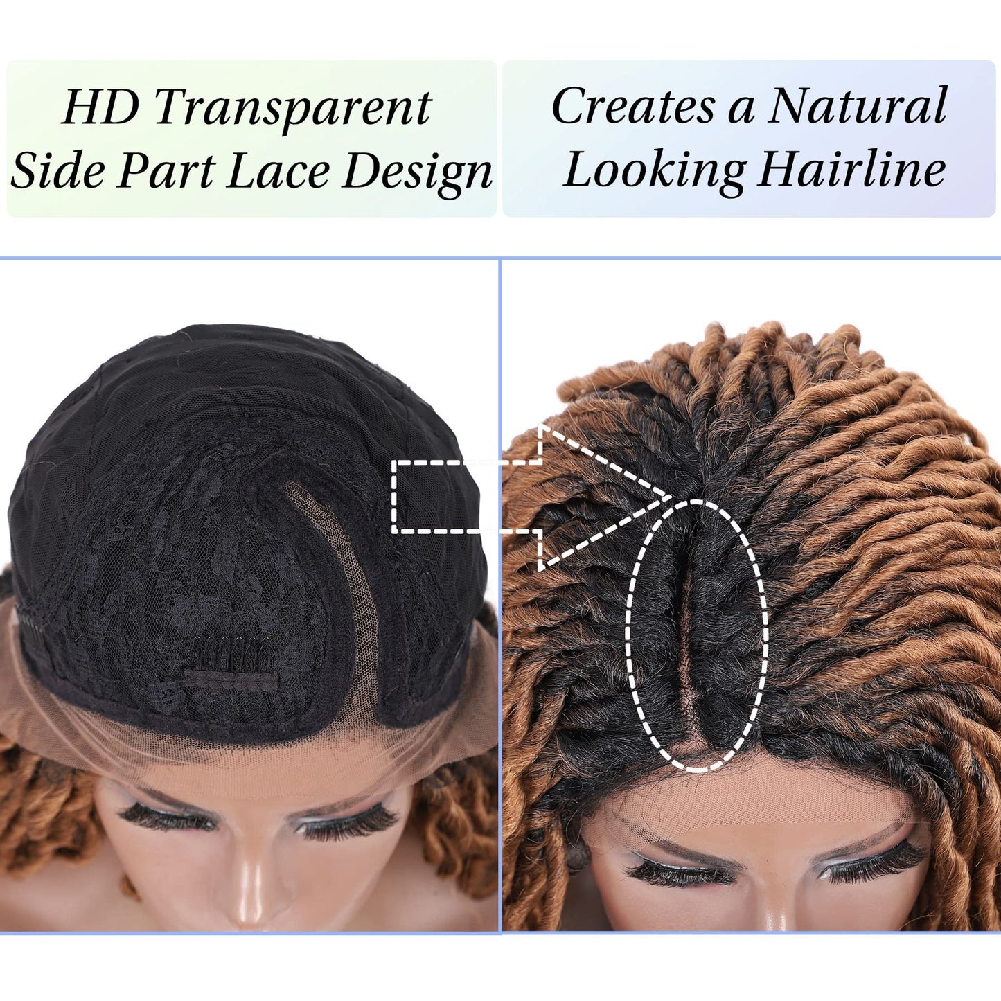 Kalyss 18" Side Part Locs Wigs Dreadlock Wigs for Black Women Lace Front Braided Wig with Baby Hair Curly Locs Wigs Japan-made Synthetic Braided Twist Wigs(Ombre Black to Brown)
