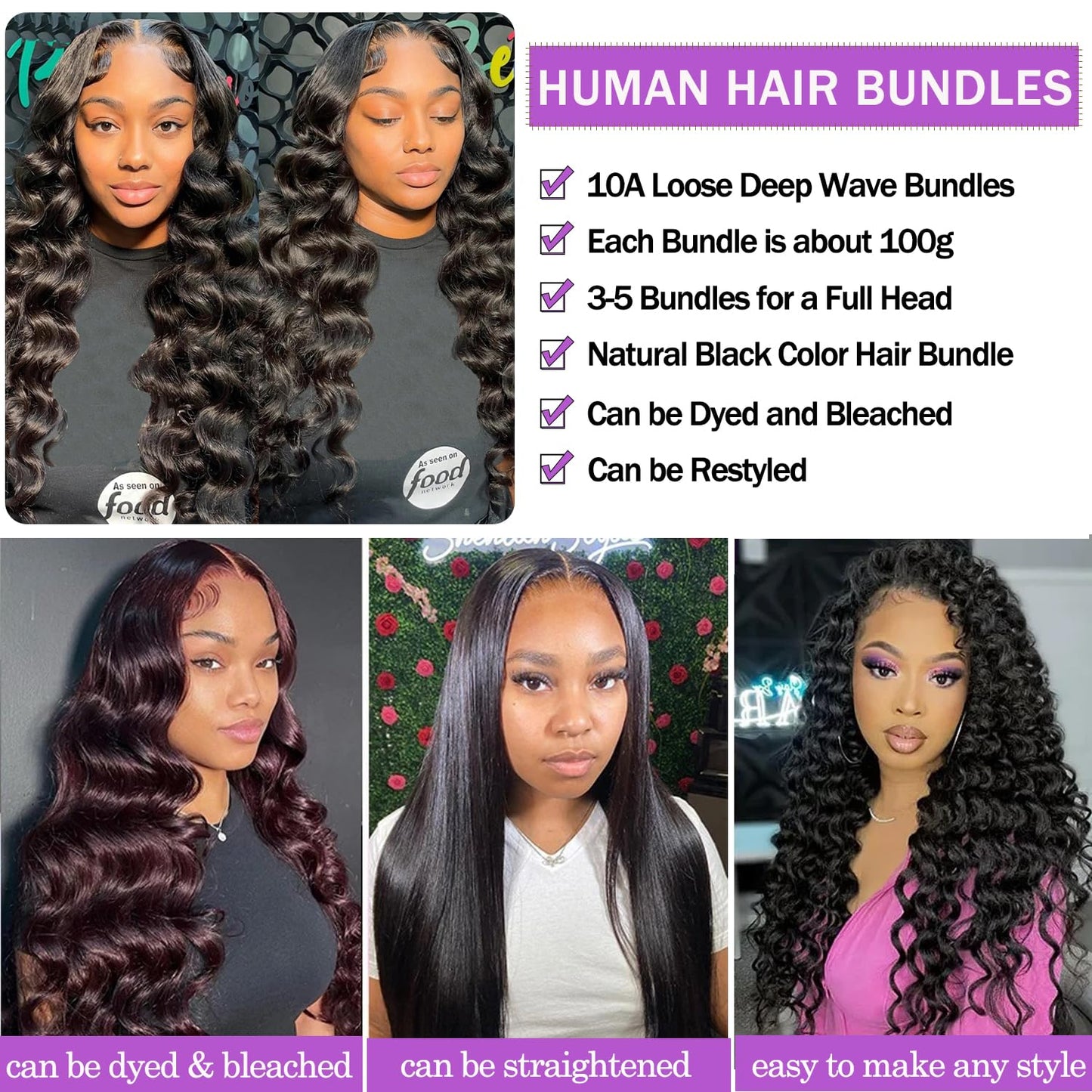 Beaushine Human Hair Bundles Loose Deep Wave Bundles and Closure (14 16 18+14) 10A Brazilian Loose Wave hd Lace Closure with Unprocessed Brazilian Raw Virgin Human Hair Quick Weave Bundles