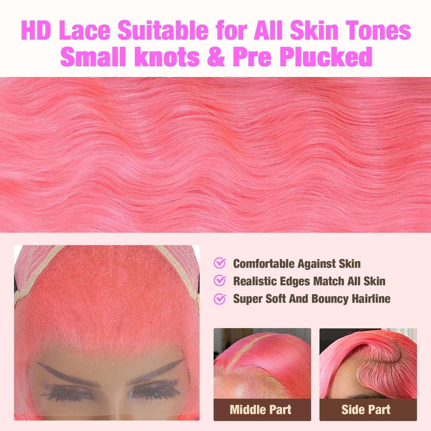 NKMR 13x6 Pink Lace Front Wig Human Hair Pink Wigs for Women Body Wave 13x6 Hd Lace Frontal Wigs Glueless Pre Plucked with Baby Hair(34Inch)