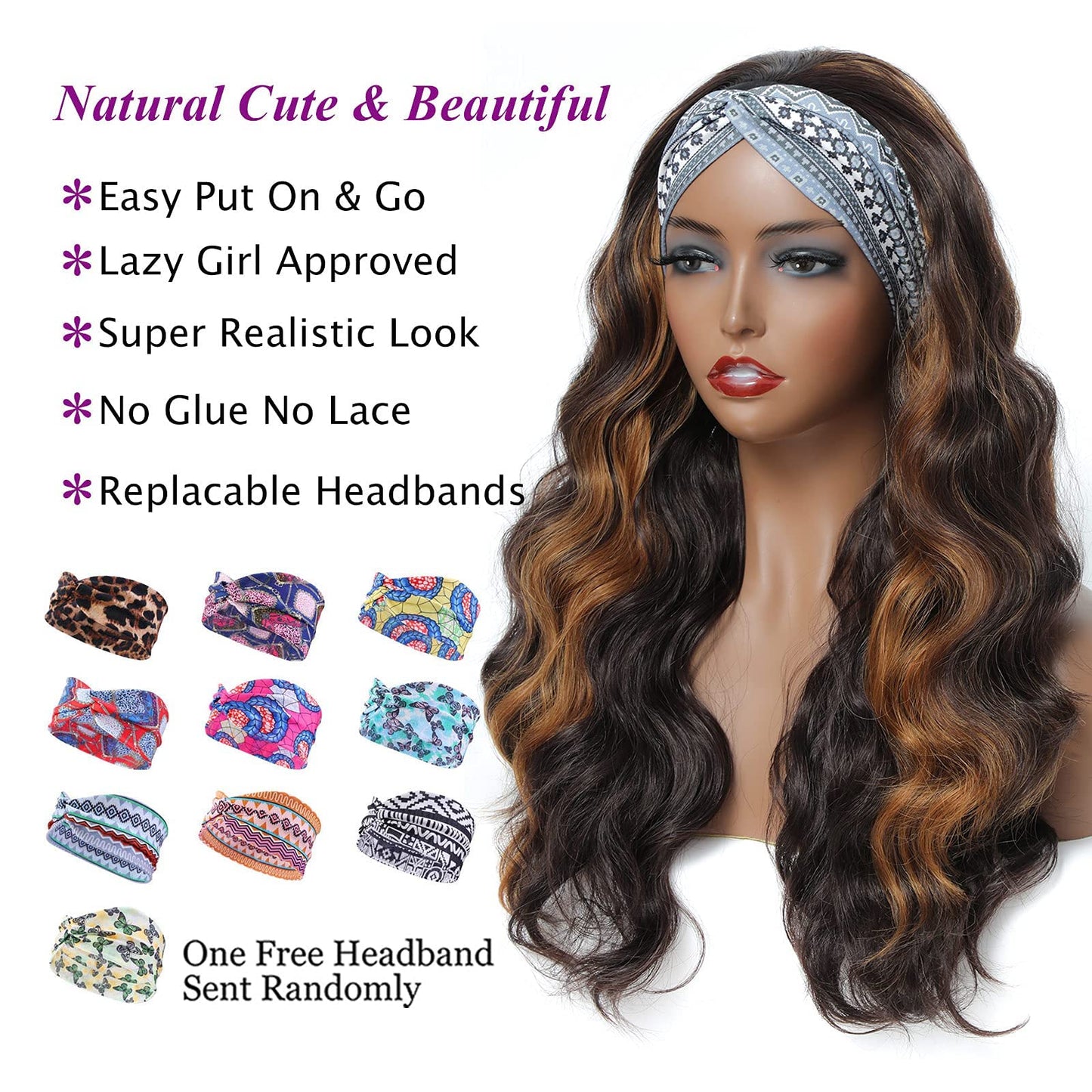 YUPEWG Long Wavy Headband Wigs for Black Women Glueless Highlight Brown And Black Synthetic Headband Wig Ready to Wear Wigs Glueless Wigs Daily Party Wear