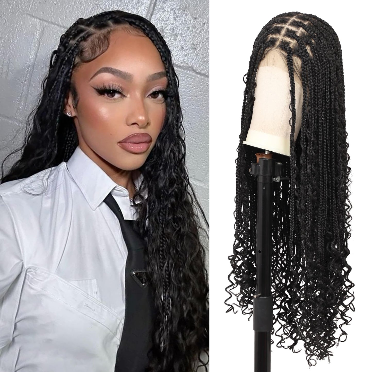 Olymei 360° HD Full Lace Front Knotless Braided Wigs for Black Women Boho Braided Wigs with Baby Hair Box Braid Wig Premium Synthetic Braid Lace Front Wig with Curly End Black 36"