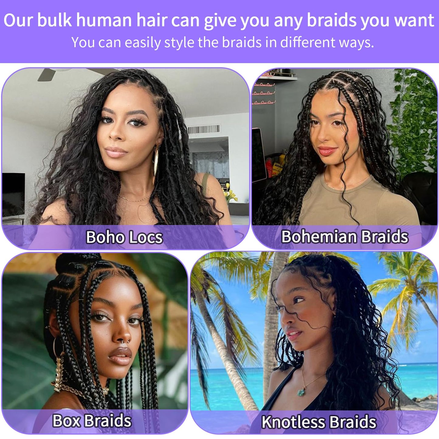Human Braiding Hair for Boho Braids Human Hair 3 Bundles/Pack 110g 22 Inch Deep Wave Bulk Human Hair for Braiding Curly Knotless 12A Brazilian Virgin Ombre Balayage