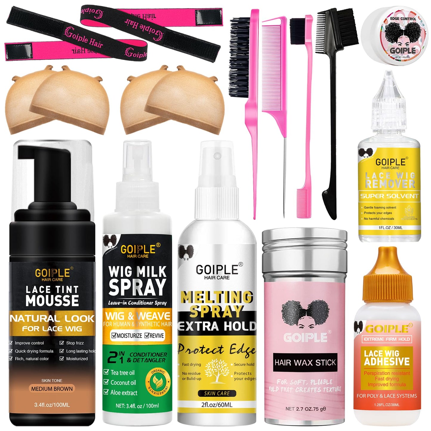 Lace Tint Mousse Wig Milk Spray for Synthetic Hair, Leave-in Conditioner Spray Conditioner & Detangler Moisturizer, Wig Glue for Lace Front Wigs Strong Hold Hair Adhesive Wigs Accessory Essentials Kit