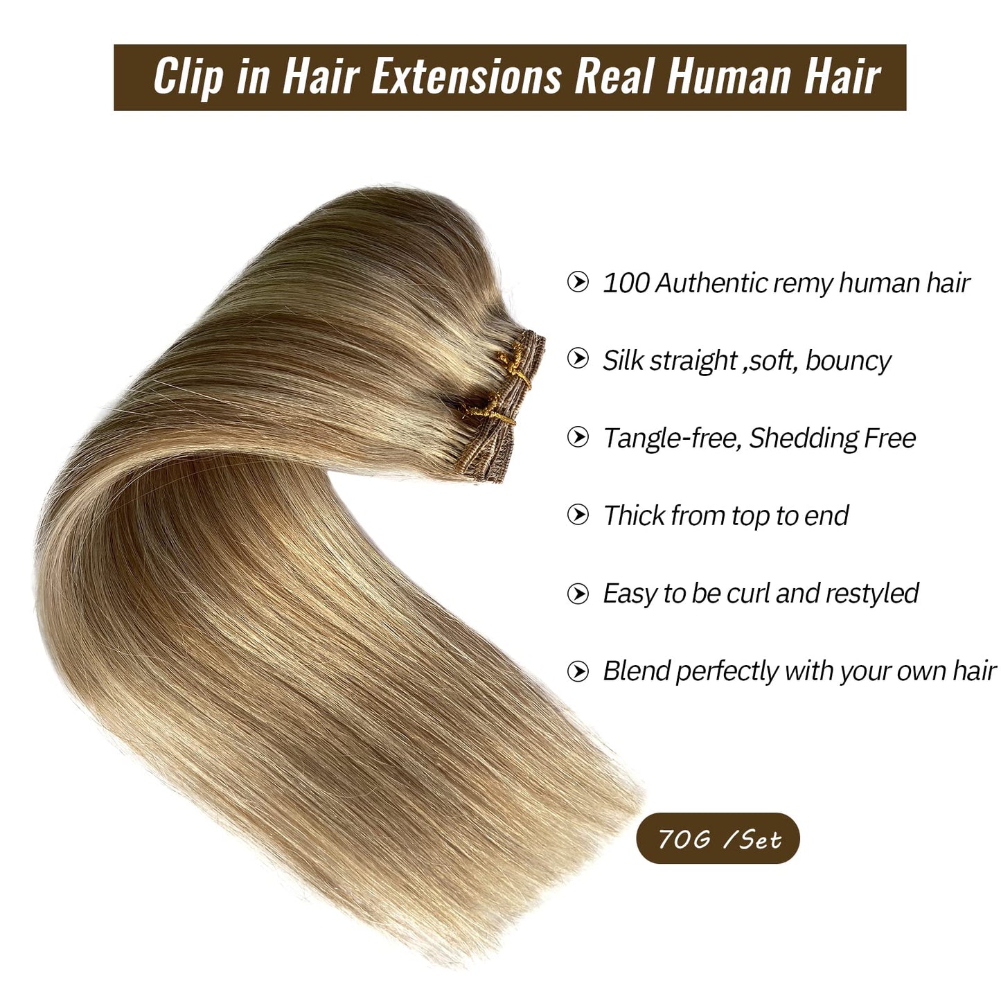 Hair Extensions Clip in Human Hair, Golden Blonde to Light Blonde Highlights Remy Human Hair Clip in Extensions 7 Pieces 70G Double Wefts 14 Inch Clip in Hair Extensions for Fine Hair Women