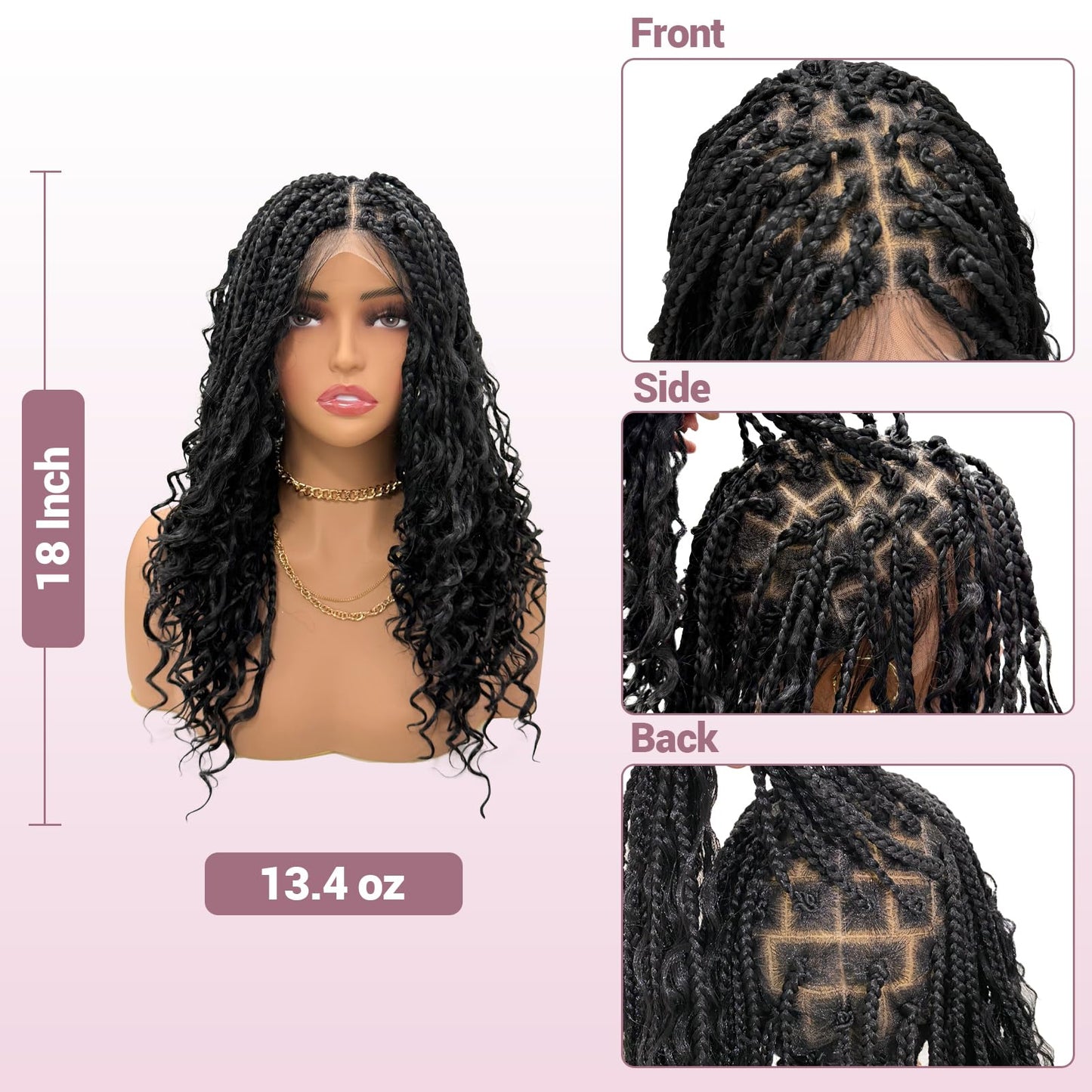 Janyuwool 18" Boho Knotless Box Braided Wigs Full Double Lace Short Braid Wig for Black Women Lace Frontal Human Hair Blended Braided Wig with Boho Curls Lace Front Braids Wigs with Baby Hair (Black)