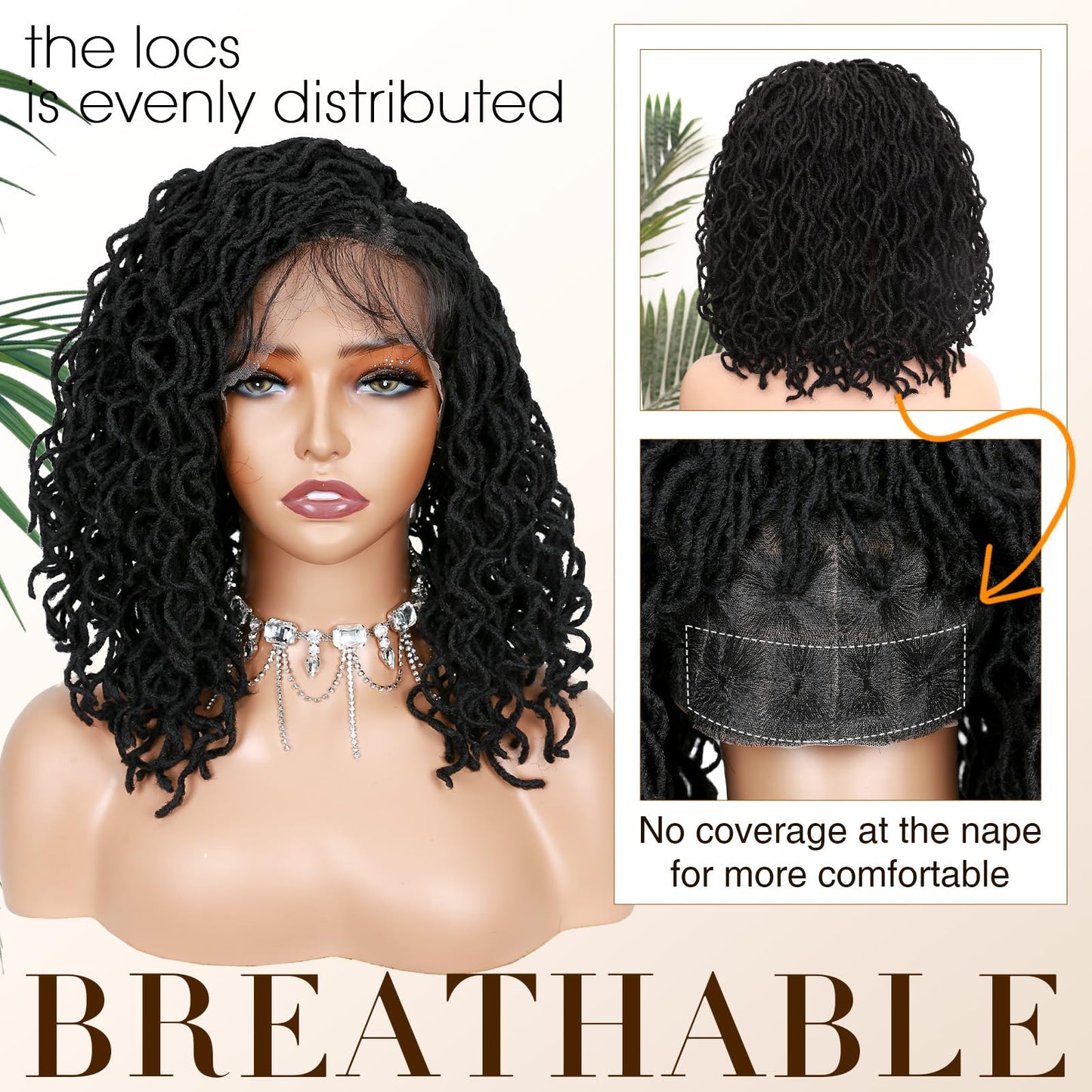 Lady Miranda 14 Inch Full Lace Dreadlock Wig with Baby Hair 150% Density Pre-Plucked Braided Wig Natural Black Faux Locs Wig Braided Wigs for Black Women Knotless Short Twist Wig for Women and Men
