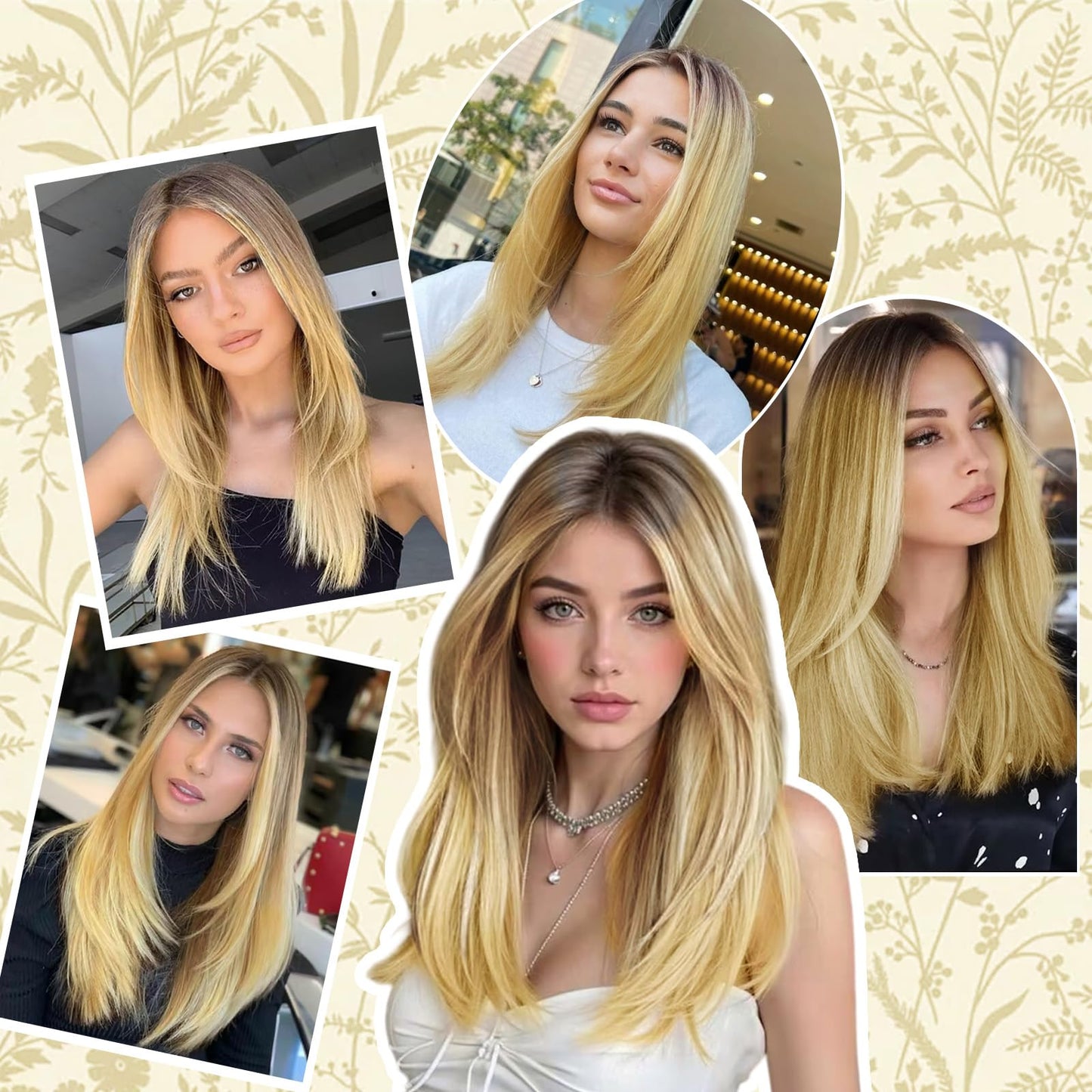 Fugady Blonde Ombre Glueless Layered Straight Lace Front Bob Wig With White Highlight 200 Density Pre Plucked Synthetic Heat Resistant Gold Wig With Baby Hair Colorful Lace Wigs For Women 22 inches