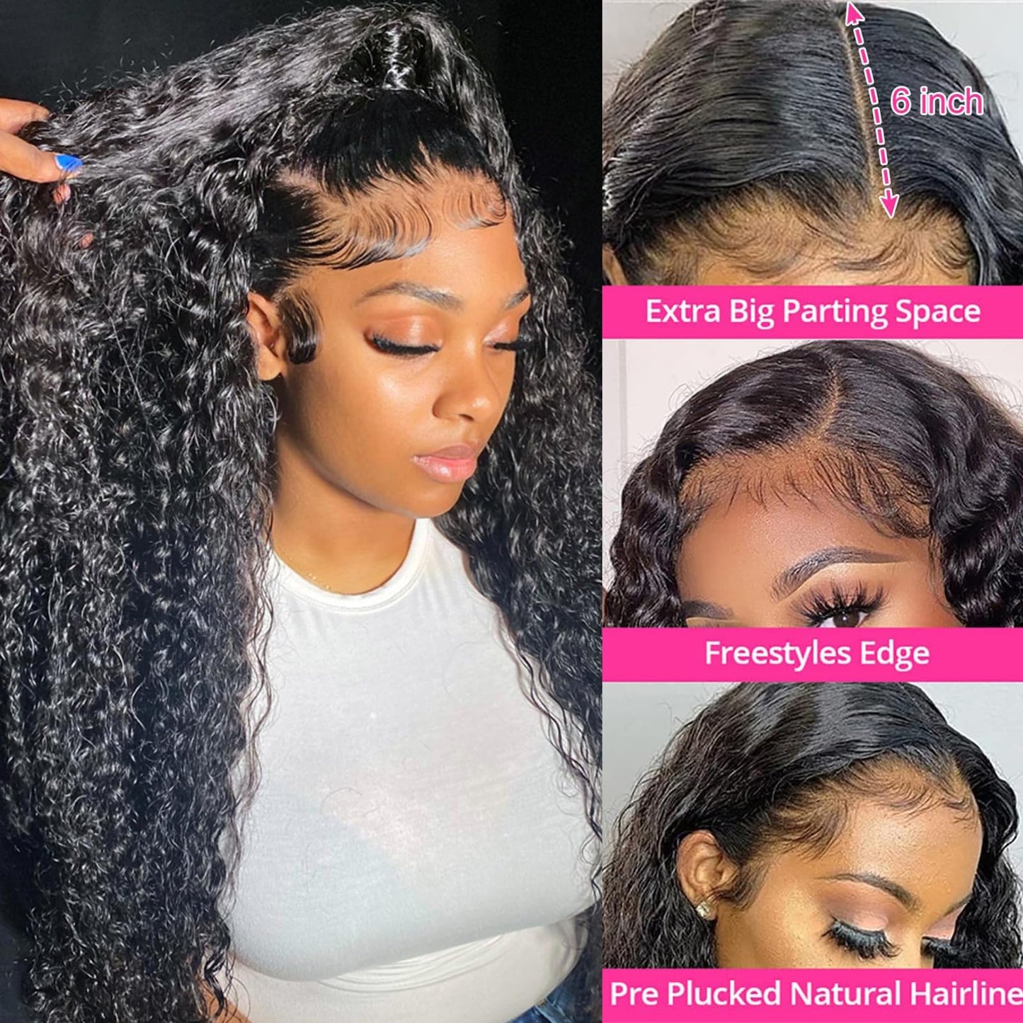 KVFCT 13x6 HD Lace Front Wigs Human Hair Deep Wave Wig for Women 200% Density Transparent Curly Lace Front Wigs 24 Inch Deep Wave Frontal Wigs Pre Plucked Wet and Wave Lace Front Wigs with Baby Hair