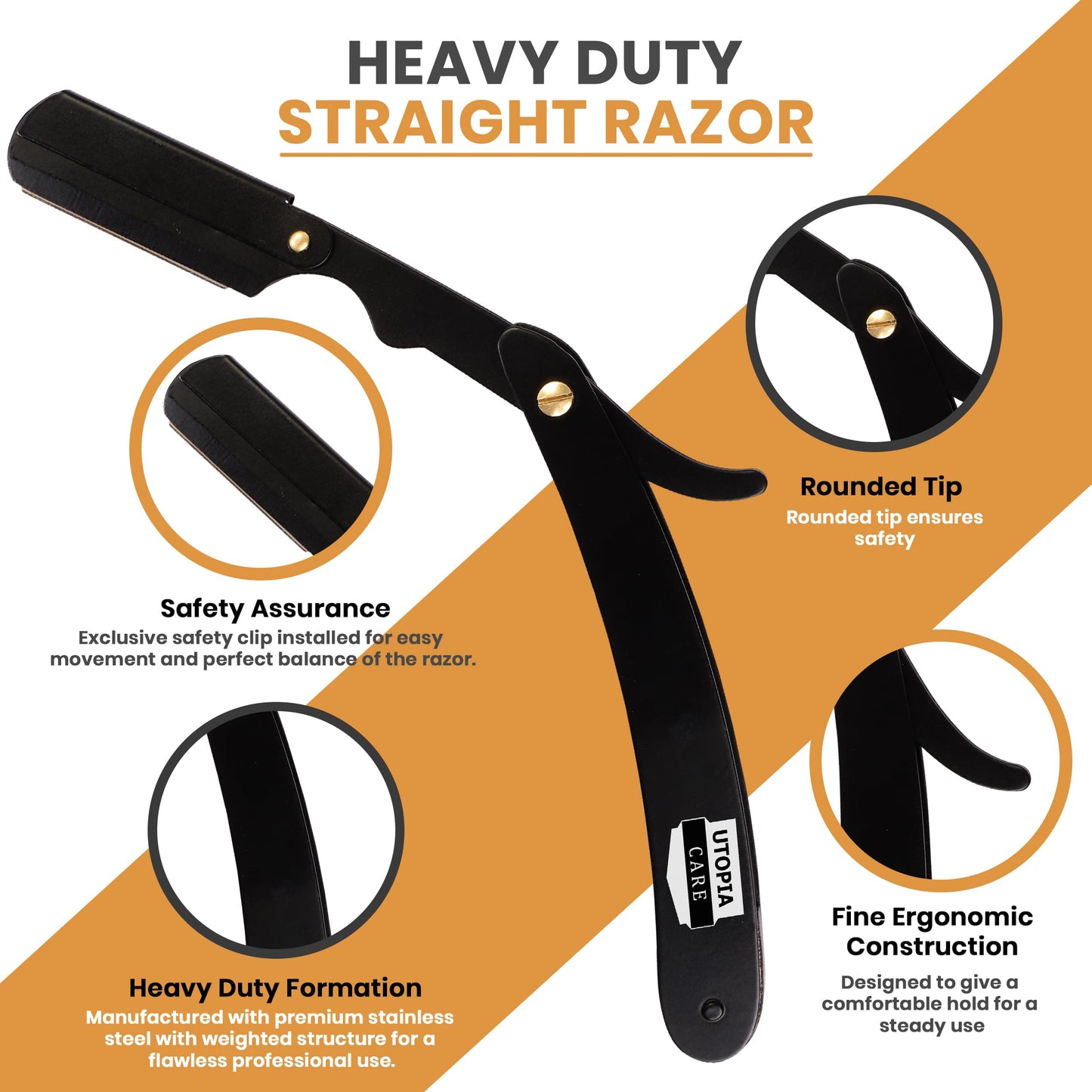 Utopia Care Professional Straight Razor for Men, Valentines Day Gifts for Him and Her Barber Straight Edge Razor Safety with 100-Pack Derby Blades - 100 Percent Stainless Steel - Black