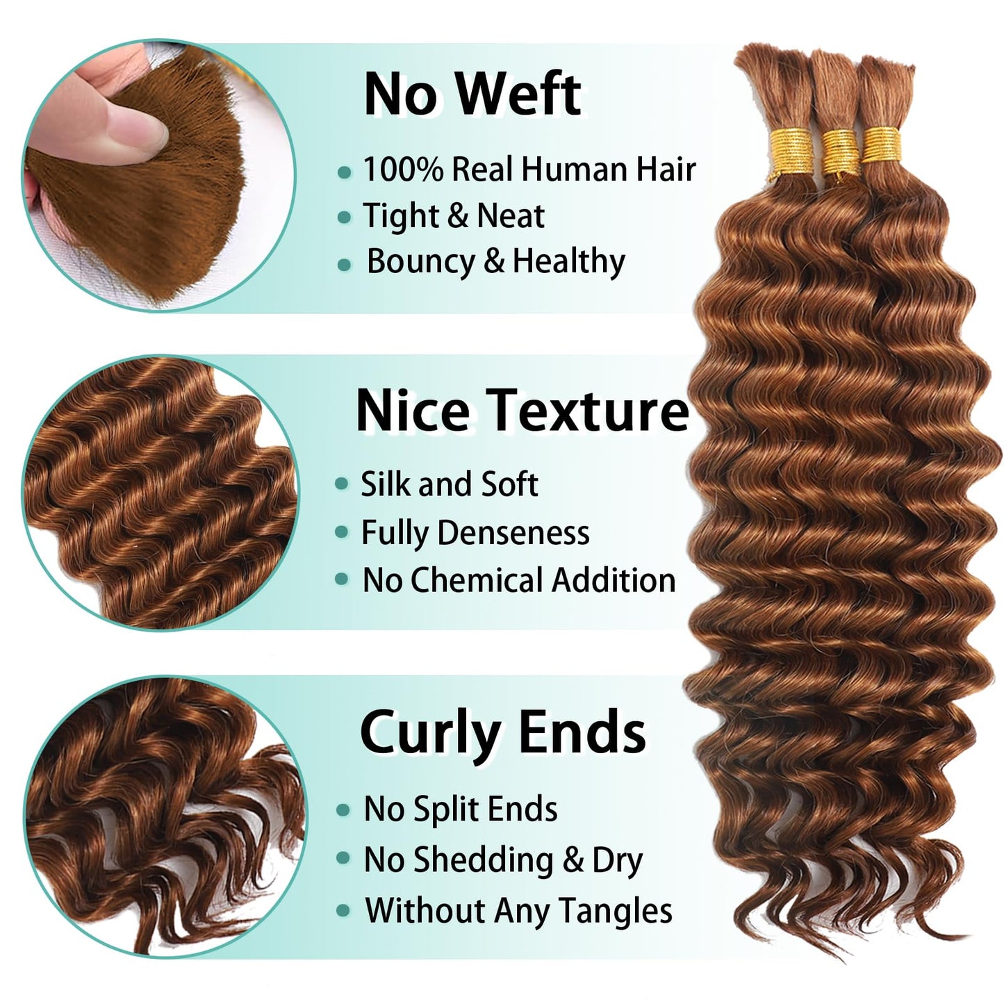 Human Braiding Hair for Boho Braids Human Hair 110g 18 Inch Curly Boho Hair for Braiding Knotless 12A Deep Wave Bohemian 3 Bundles/Pack Auburn Ginger
