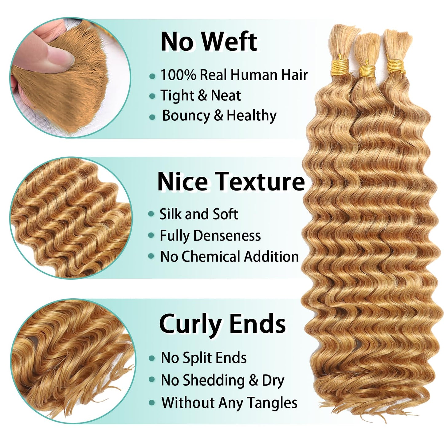 Human Braiding Hair for Boho Braids Human Hair 110g 24 Inch Curly Boho Hair for Braiding Knotless 12A Deep Wave Bohemian 3 Bundles/Pack Caramel Honey Blonde