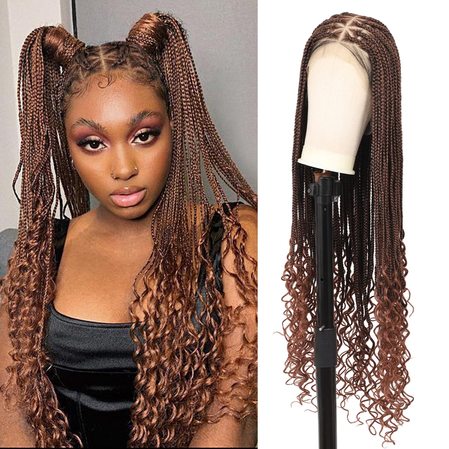 Lexqui 36" 360° HD Full Lace Braided Wigs with Boho Curly End Box Braid Wig with Baby Hair Ombre Brown Natural Triangle Knotless Braided Wigs for Women Synthetic Hair Braided Lace Front Wig