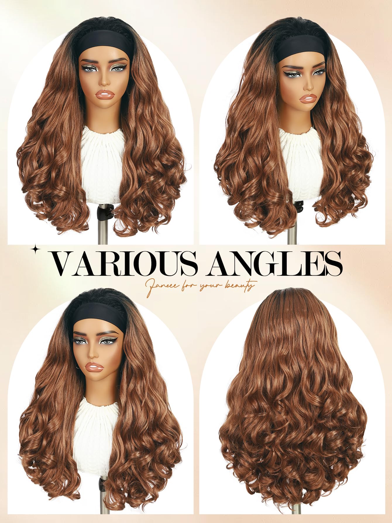FANCEE Yaki Wavy Headband Wigs Ombre Brown Kinky Straight Wear and Go Wig with Curly Wavy Ends for Mom on the Go Synthetic Headband Blow Out Style Natural Hair Wig for Black Women 0T/30