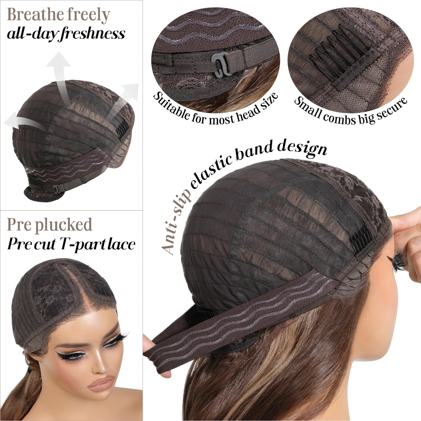 ENCOUNTERU Pre Cut Lace Glueless Wig Wear and Go Synthetic Lace Front Body Wave Ombre Brown Wig with Bangs Pre Plucked Glueless Ready to Wear Wigs for Women Middle Part 26 Inch