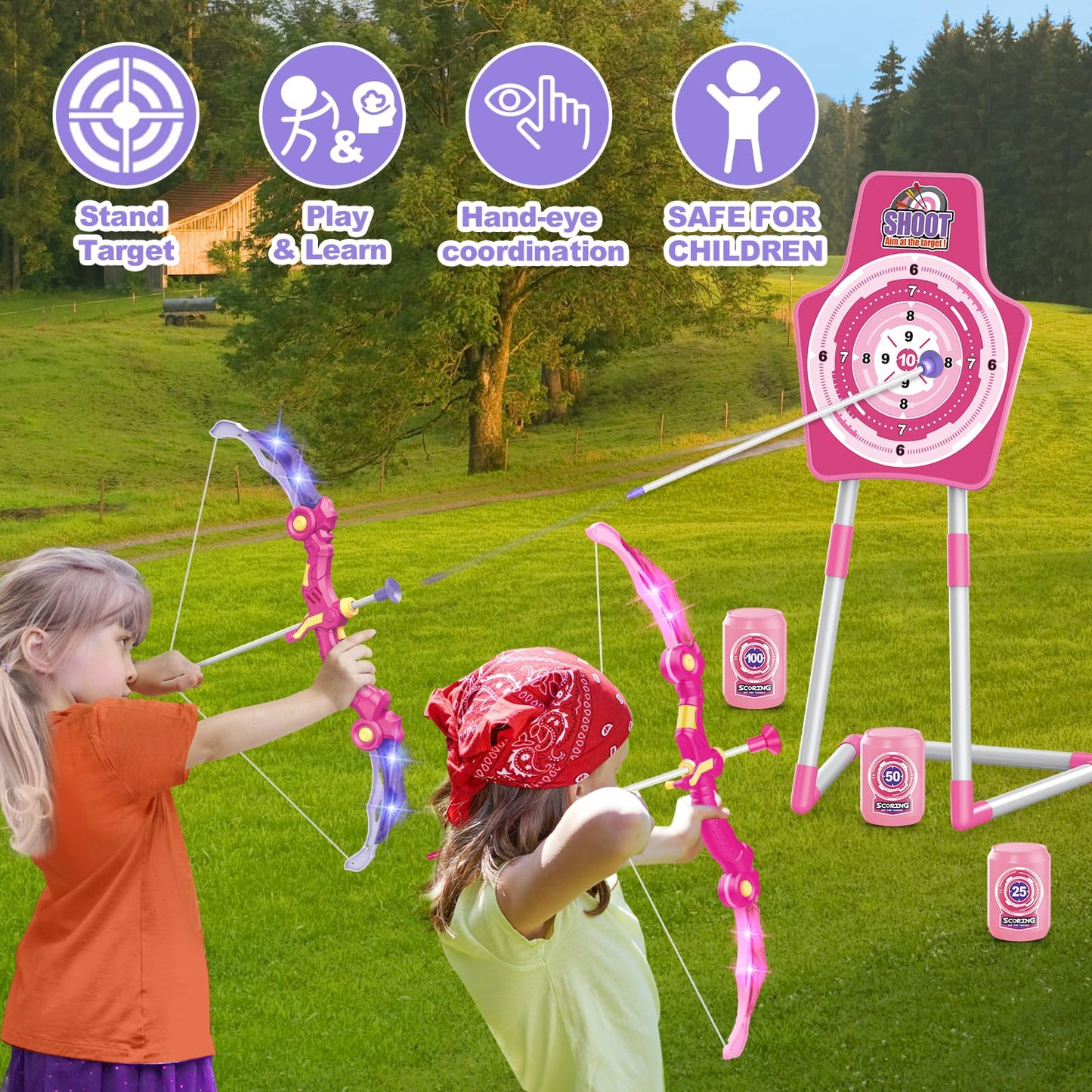 Bow and Arrow Toys for 5 6 7 8 9 10 Years Olds Girls, Archery Set includes 2 Super Bow with LED Lights, 20 Suction Cups Arrows,Archery Set with Standing Target,3 Target Cans,Gift for Kids