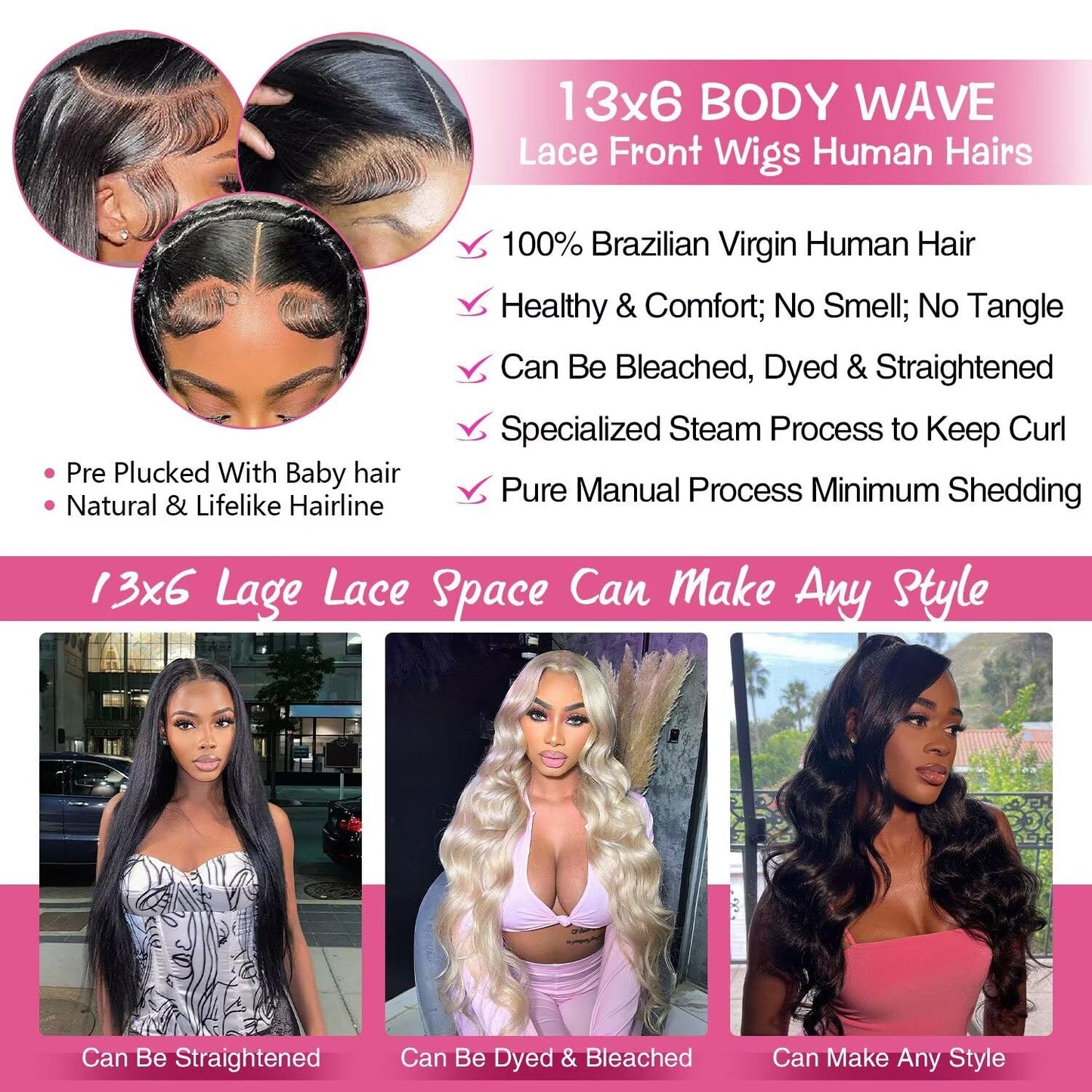 13x6 Lace Front Wigs Human Hair Pre Plucked 200% Density Body Wave HD Lace Front Wigs Human Hair Transparent Frontal Glueless Wigs Virgin Human Hair with Baby Hair for Women Natural Black 36 Inch