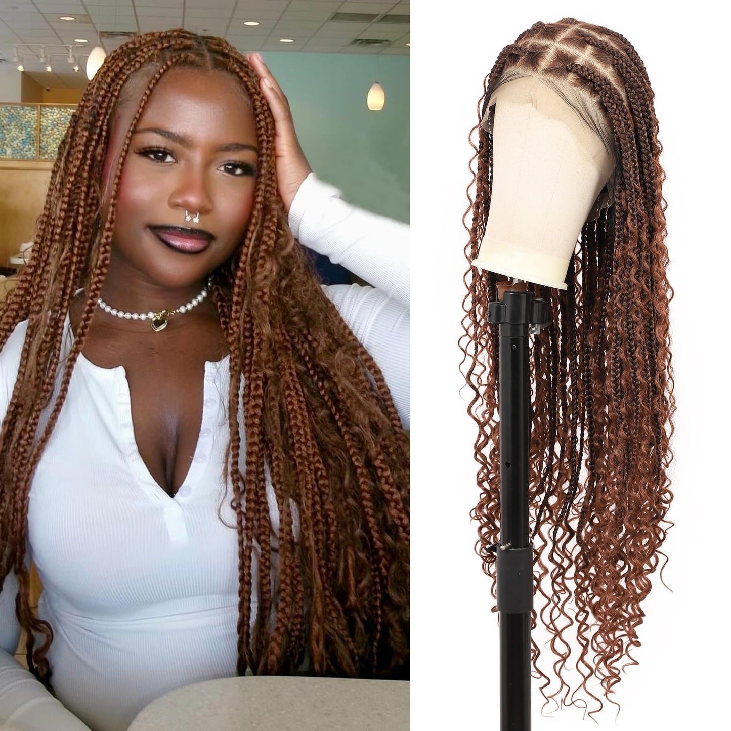 Olymei 360° HD Full Lace Knotless Braided Wigs for Black Women Boho Braided Wigs with Baby Hair Box Braid Wig Premium Synthetic Braid Lace Front Wig with Curly End Brown 36"