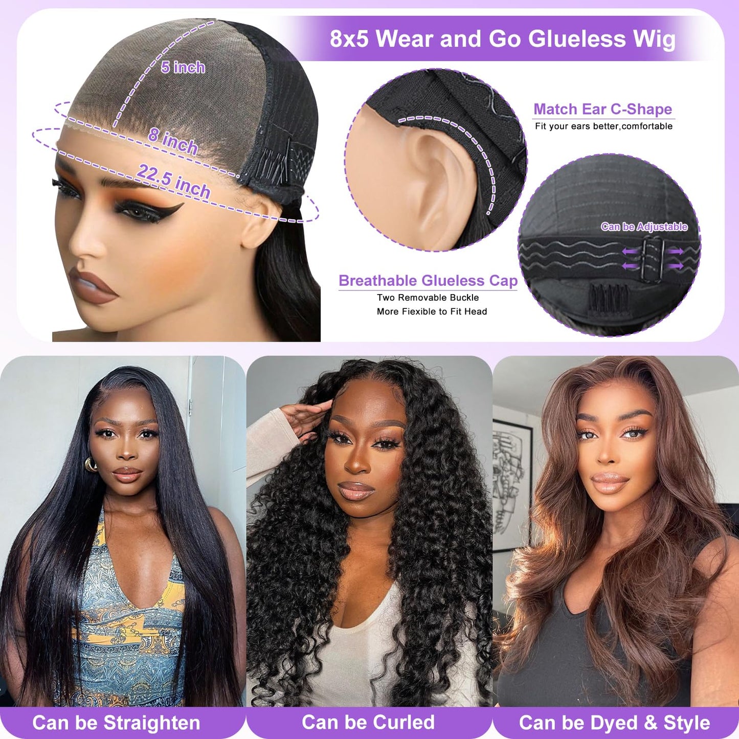 ONECHULY Wear and Go Glueless Wigs Human Hair Pre Cut 8x5 HD Lace Front Wig for Beginners 180% Density Body Wave no Glue Lace Wigs Human Hair 30 Seconds to Wear Beginner friendly 28inch
