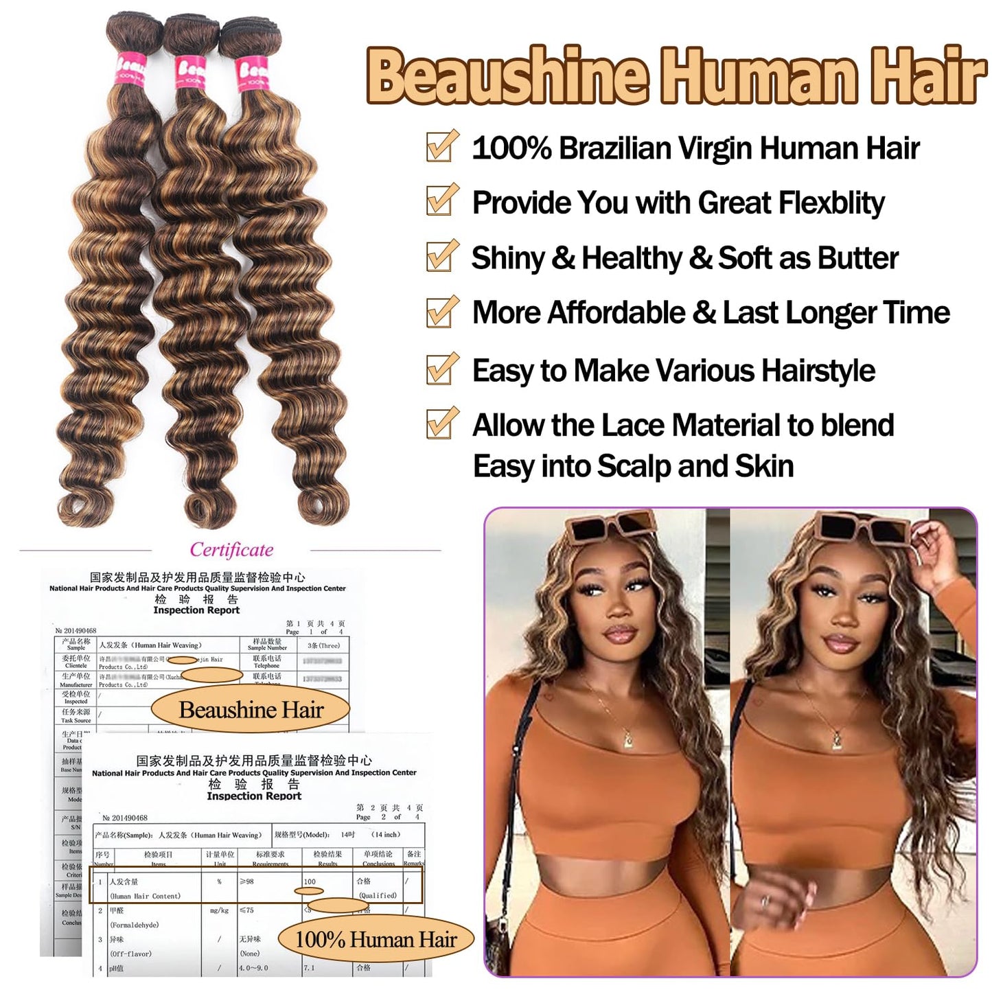 10A Human Hair Loose Deep Wave Bundles with Closure, P4/27 Colored Ombré Brazilian Bundles with 4x4 Free Part Lace Closure - Blonde, Brown (22, 24, 26+20inch)