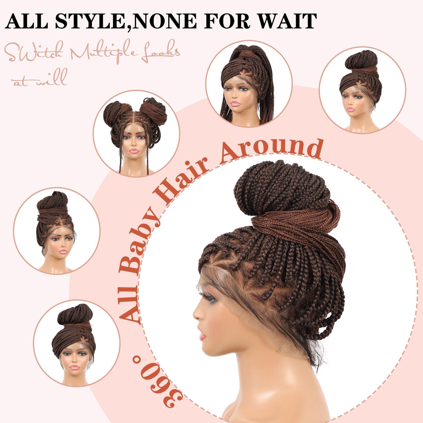 Lexqui 36" 360° HD Full Lace Braided Wigs for Women Triangle Knotless Braided Wigs Box Braid Wig with Baby Hair Natural Handmade Synthetic Hair Braided Lace Front Wig Ombre Brown