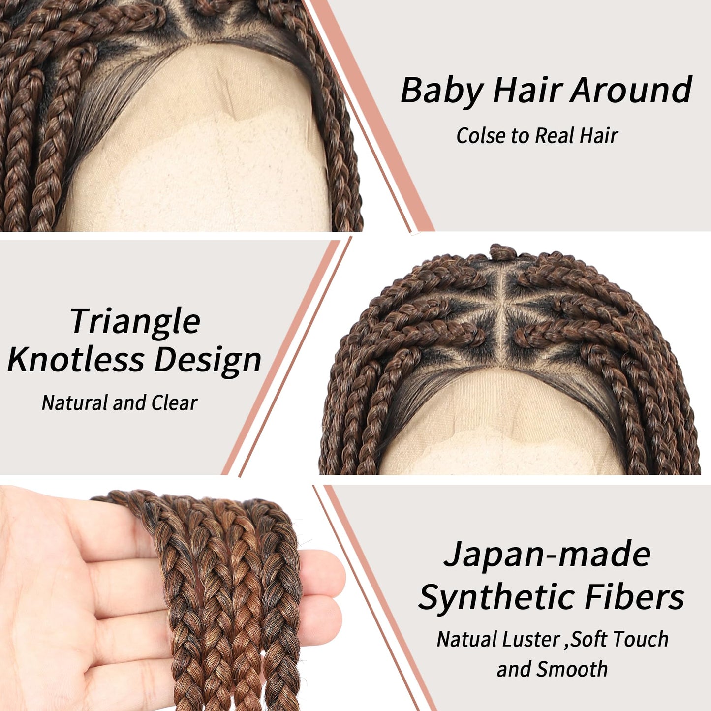Lexqui 36" Triangle Knotless Braided Wigs for Women Braided Lace Front Wigs Synthetic Hair Box Braid Wig Full Double Lace Braided Wig with Baby Hair Brown Ombre Light Brown