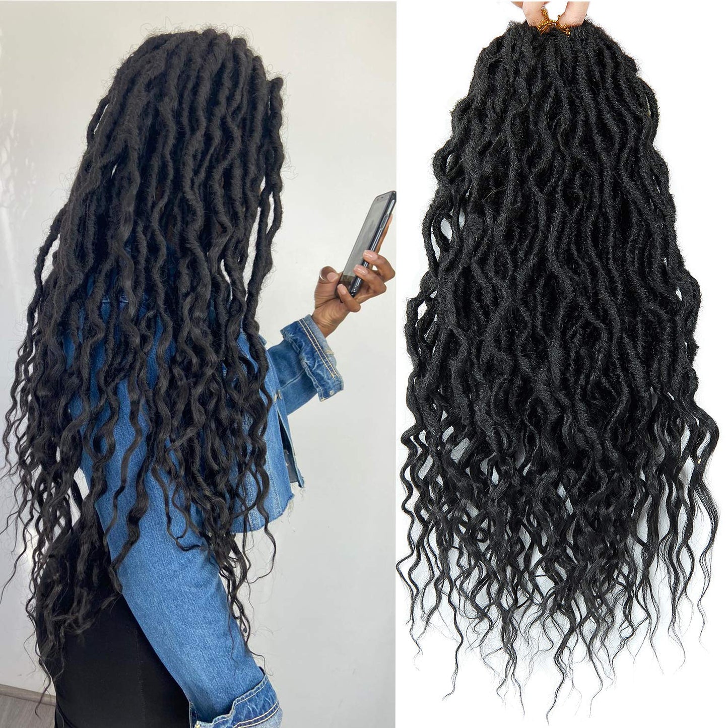 Faux Hair Goddess Locs Crochet Hair 6Packs 24Inch Pre-looped with Soft Curly Ends Dreadlocks Wavy Faux Crochet Locs Synthetic Braids Extensions 72strands(24'', 1B)